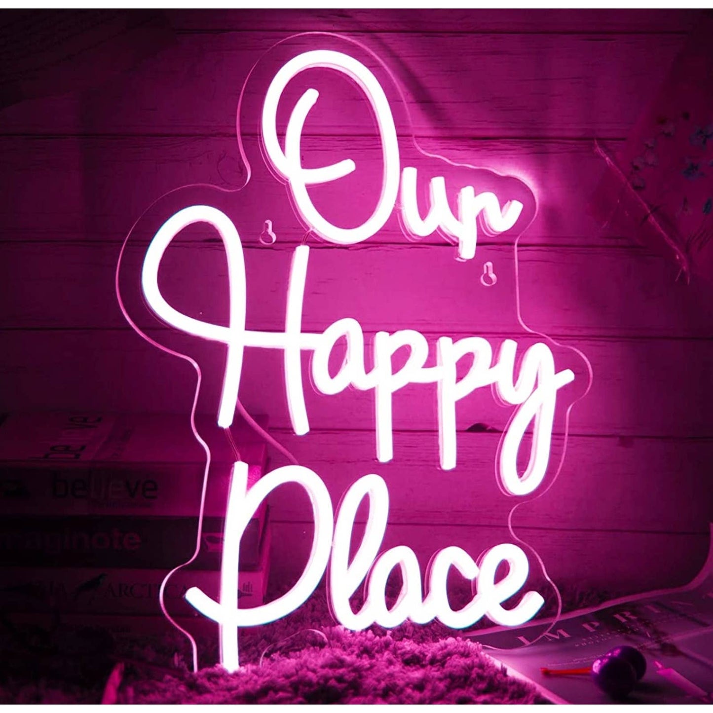 Lovely Bright Pink “Our Happy Place” LED Night Light Romantic Room Wall Decor