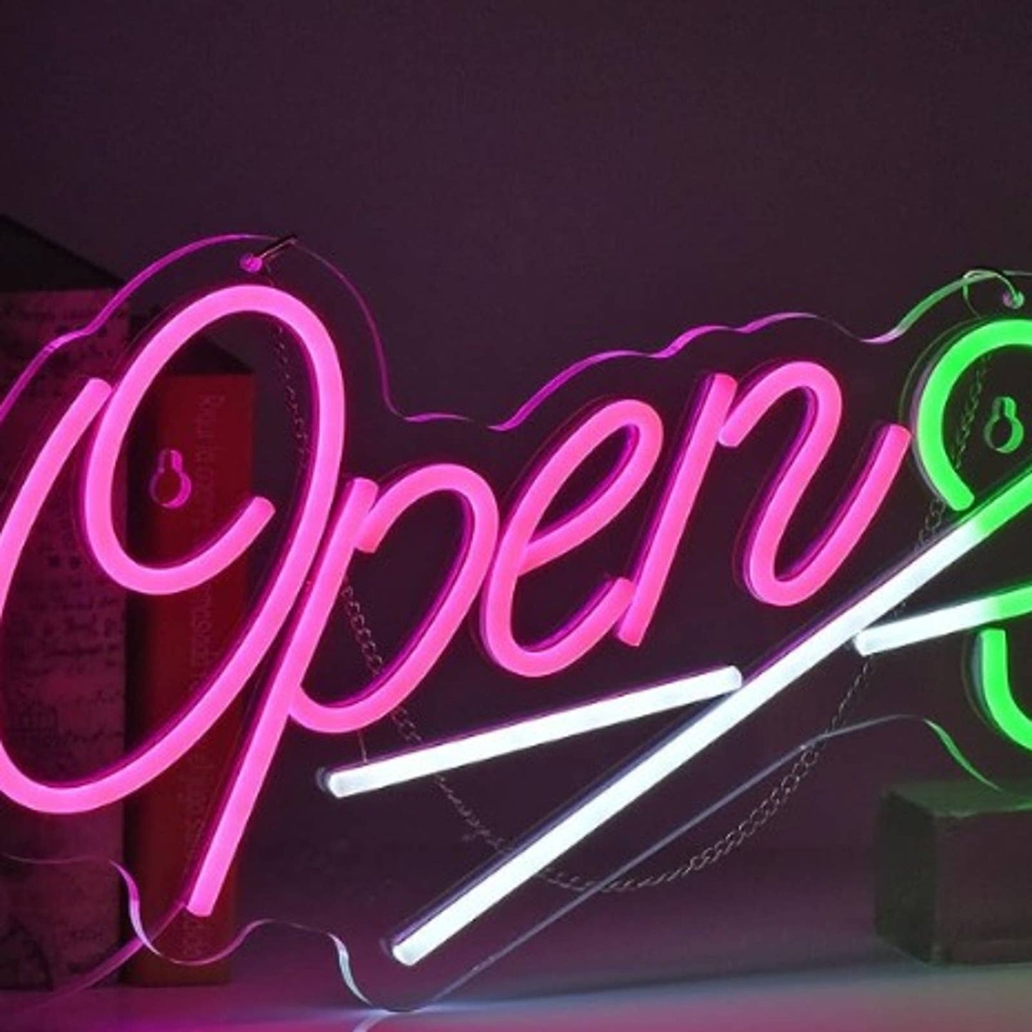 Vivid Bright Pink Open Green Scissors Barber Shop LED Light Salon Sign