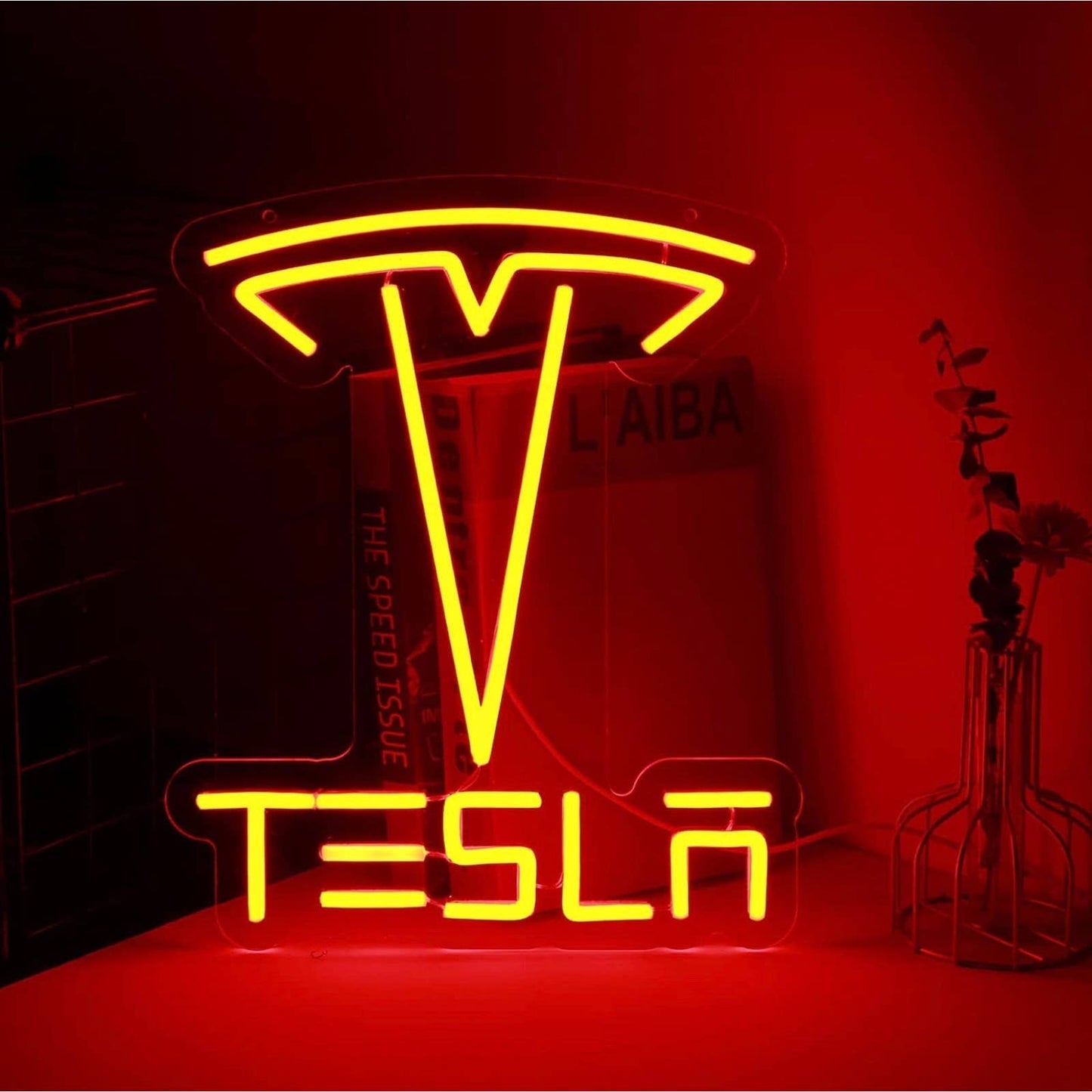 Bright Red Tesla Logo Electric Car SUV LED Night Light Room Wall Garage Decor
