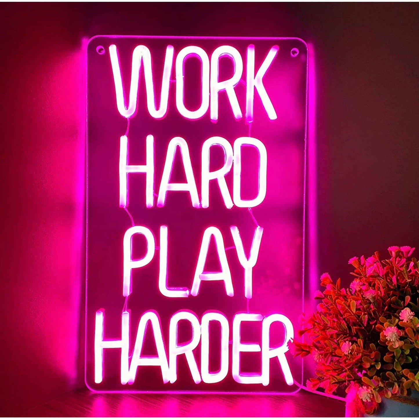 Motivational Bright Pink Work Hard Play Harder LED Night Light Room Wall Decorat