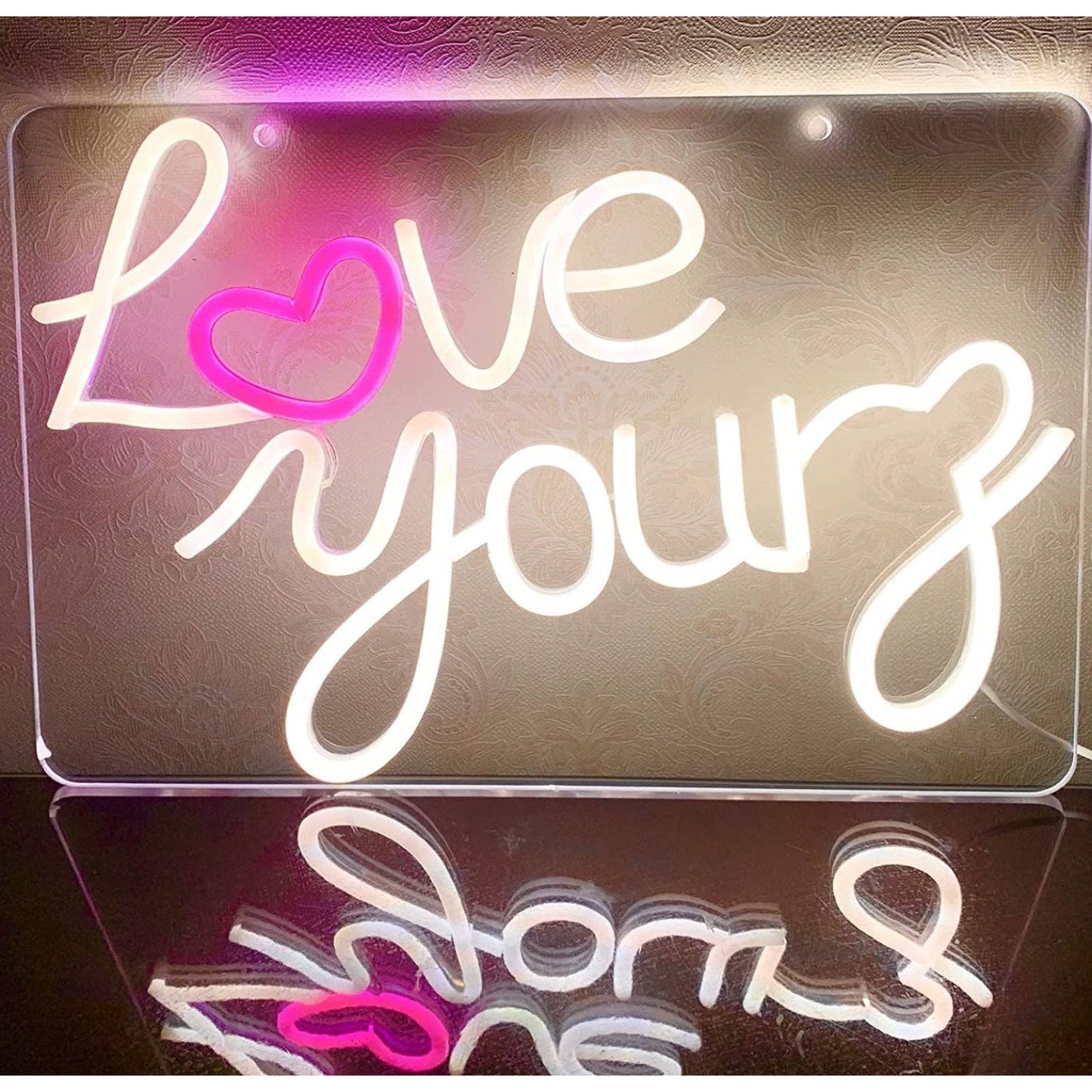 Lovely Bright Warm White “Love Yourz” Pink Heart LED Night Light Room Wall Decor