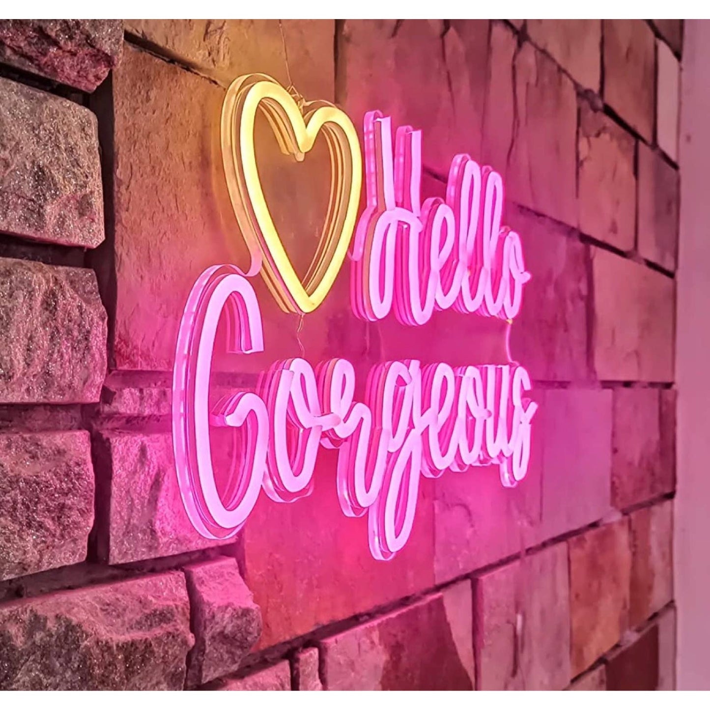 Lovely Bright Pink “Hello Gorgeous” Yellow Heart LED Night Light Room Wall Decor