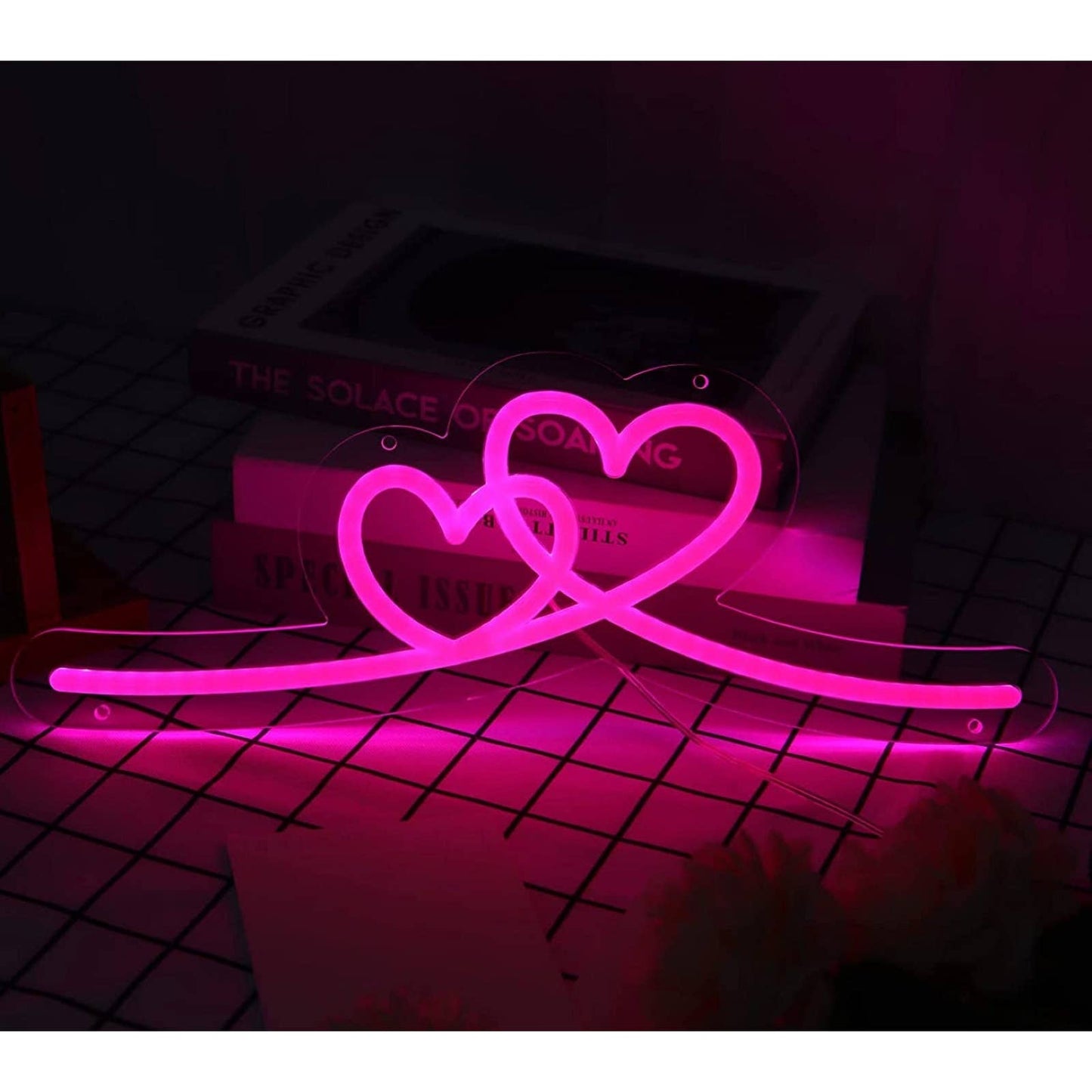 Lovely Bright Pink Double Heart Loop LED Night Light Room Wall Decoration