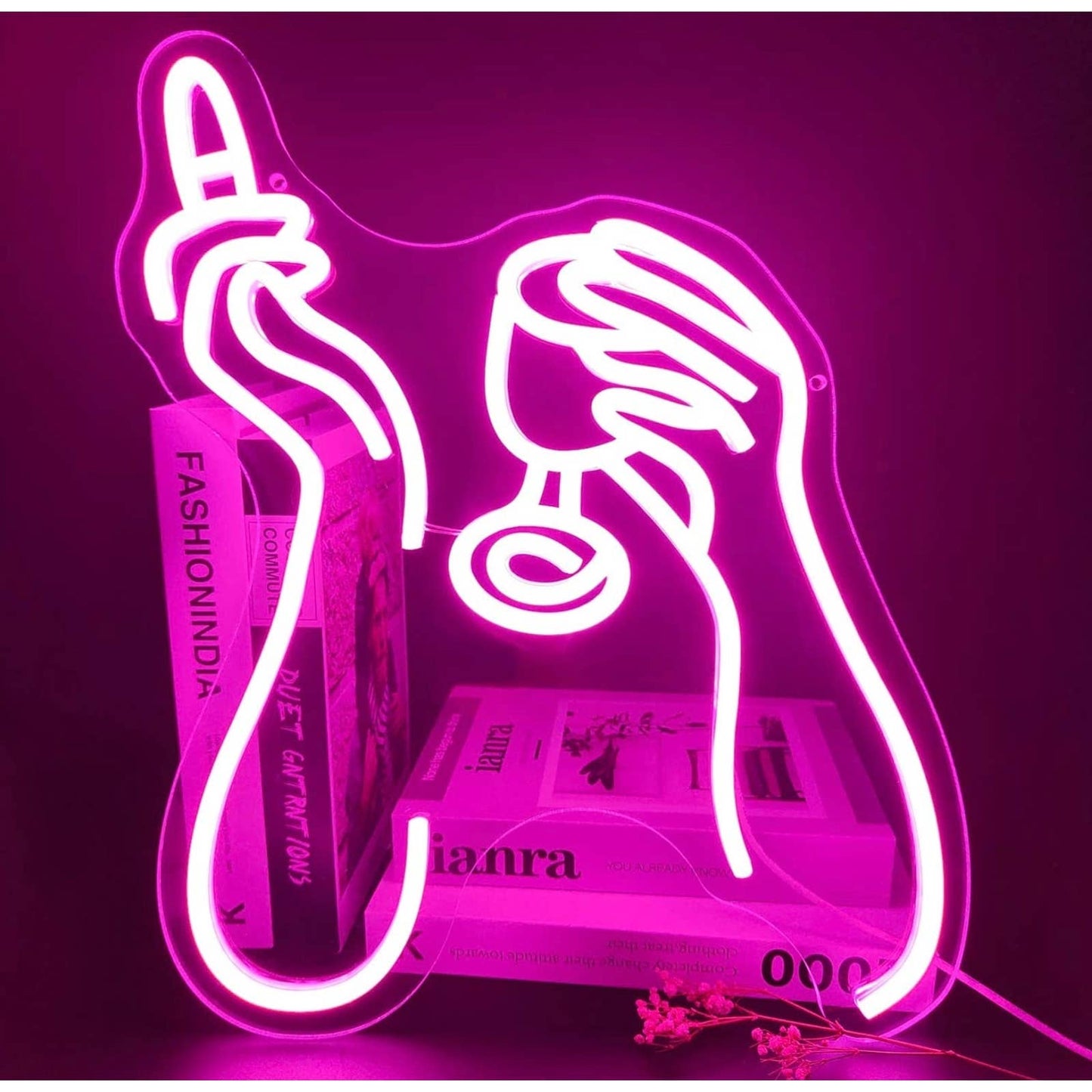 Lovely Bright Pink Women’s Hands with Wine Glass LED Night Light Bar Wall Decor
