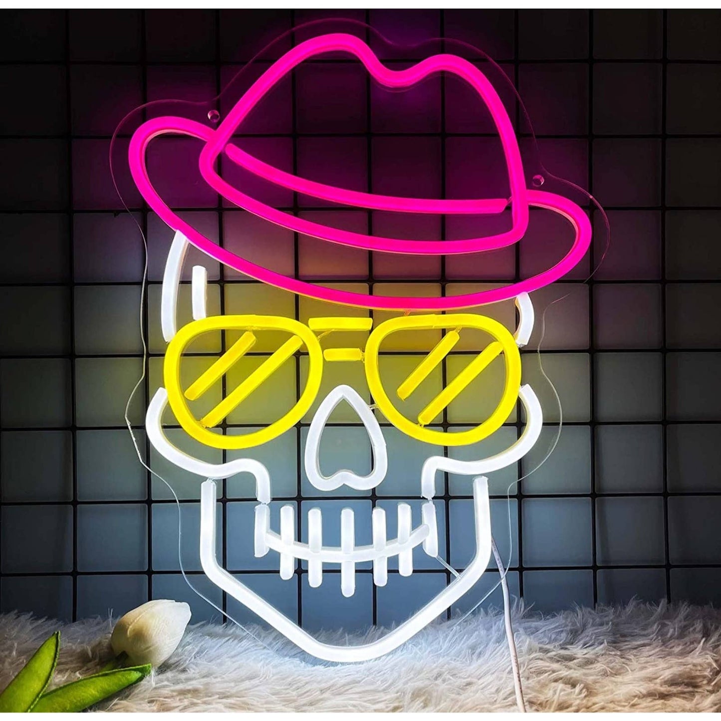 Fun Bright Skeleton Skull with Sunglasses & Pink Hat LED Night Light Room Wall D