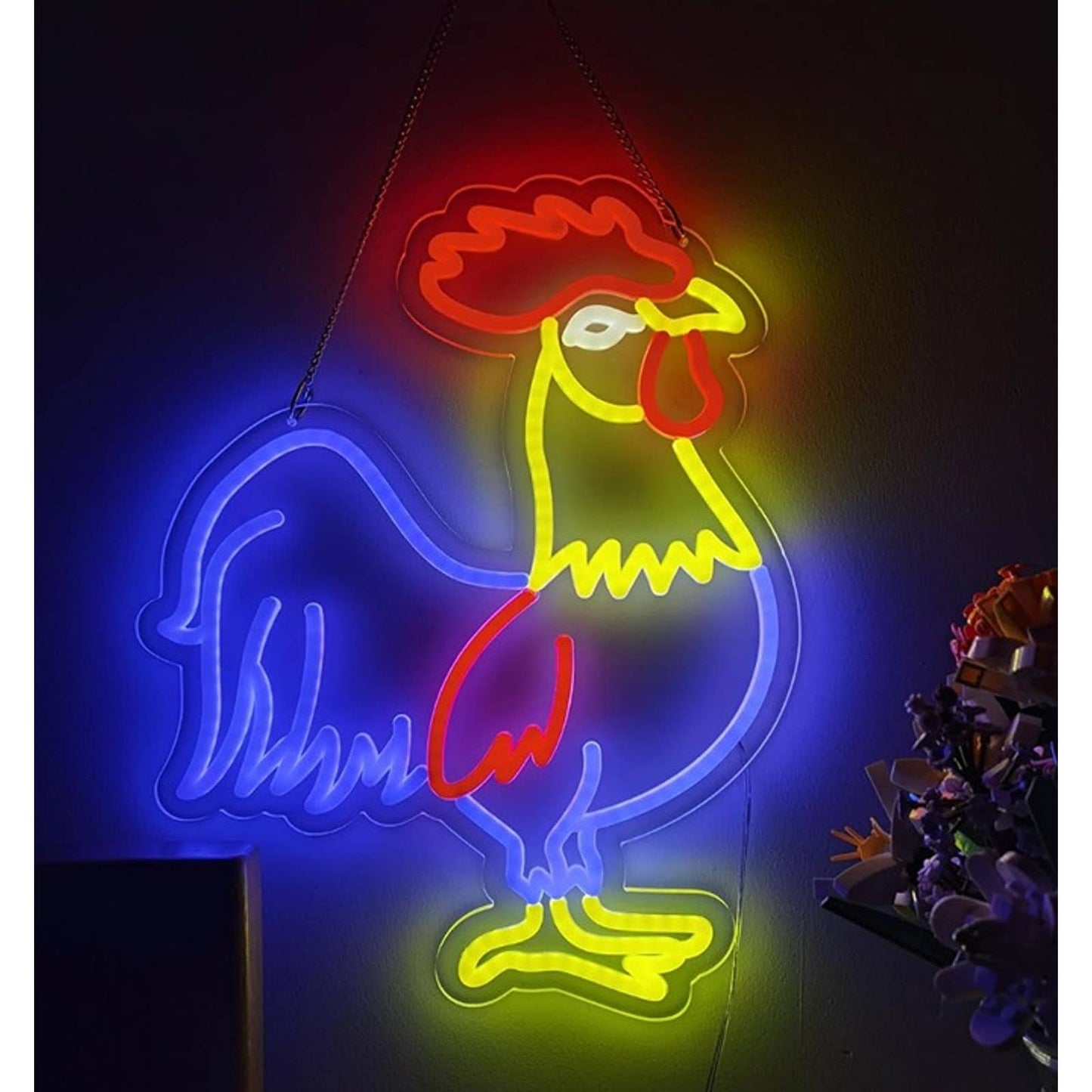 Fun Vivid Bright Blue Country Barn Rooster LED Light Room Wall Decor