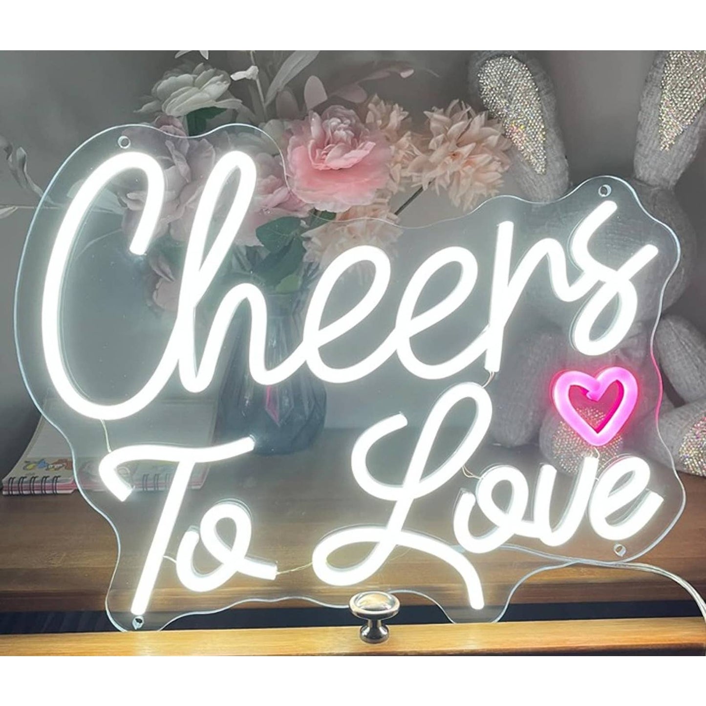 Lovely Bright White/Pink Heart “Cheers to Love” LED Night Light Room Wall Decor