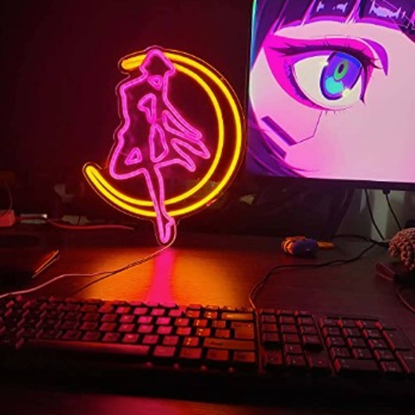 Vivid Bright Pink / Yellow Sailor Moon Crescent LED Night Light Anime Japan Deco