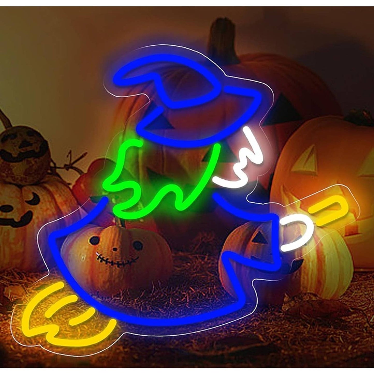 Fun Spooky Vivid Bright Blue Witch on a Broom LED Night Light Room Wall Decor