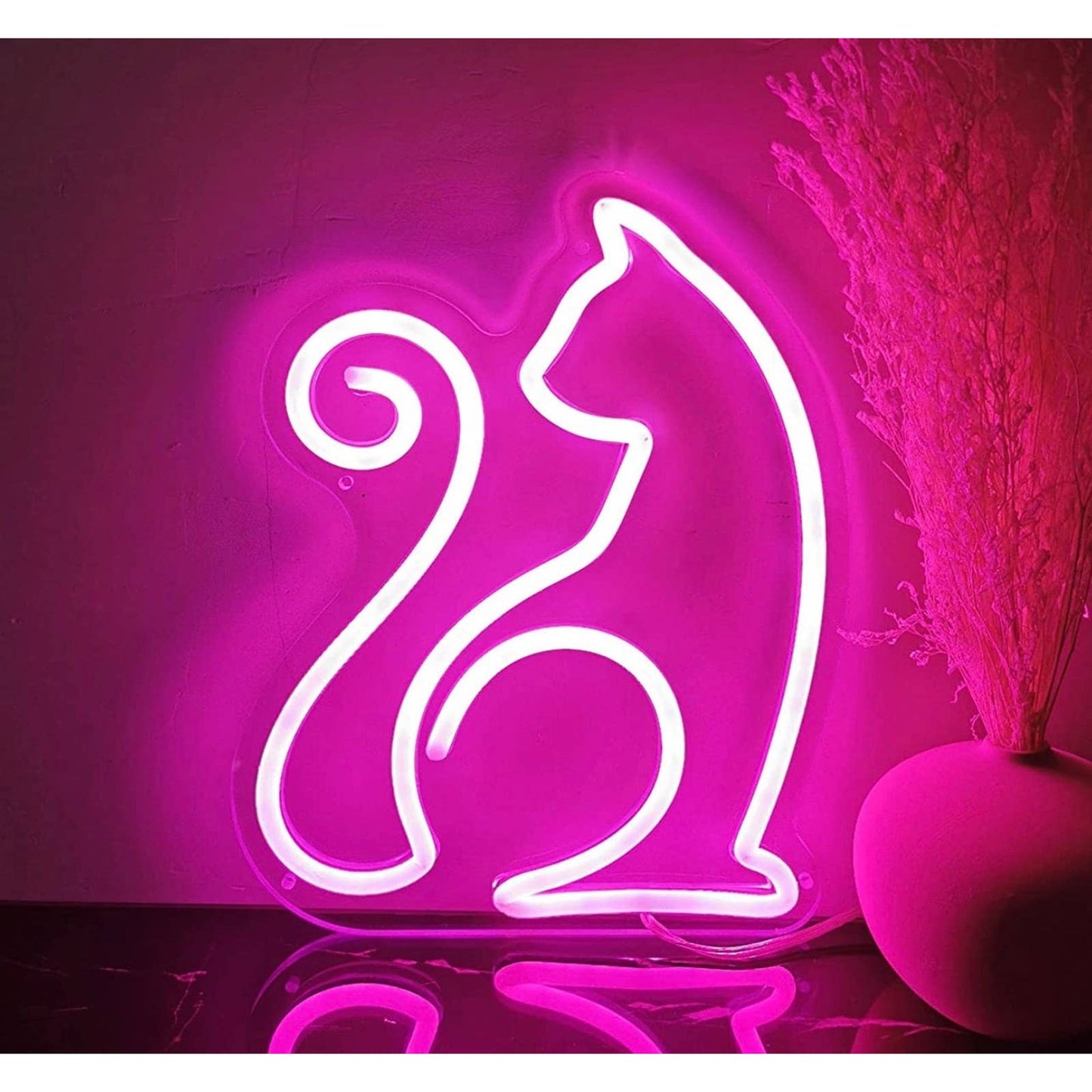 Lovely Vivid Pink Curly Tail Kitty Cat LED Night Light Room Wall Decoration