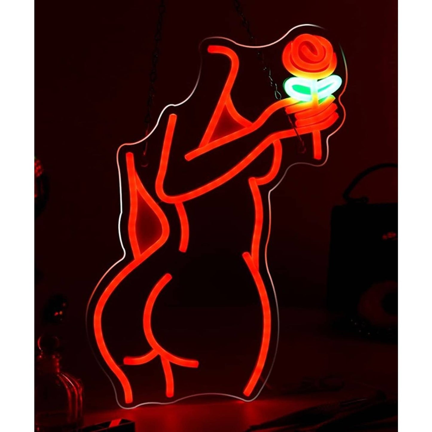 Lovely Bright Red Woman with a Rose LED Night Light Room Wall Decor