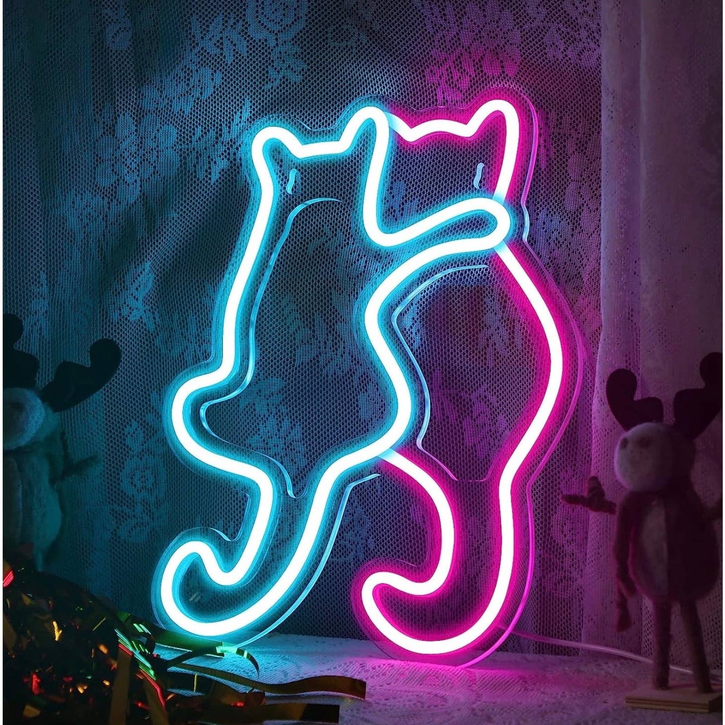 Adorable Bright Pink / Blue Kitty Cat Friends LED Night Light Room Wall Decorati