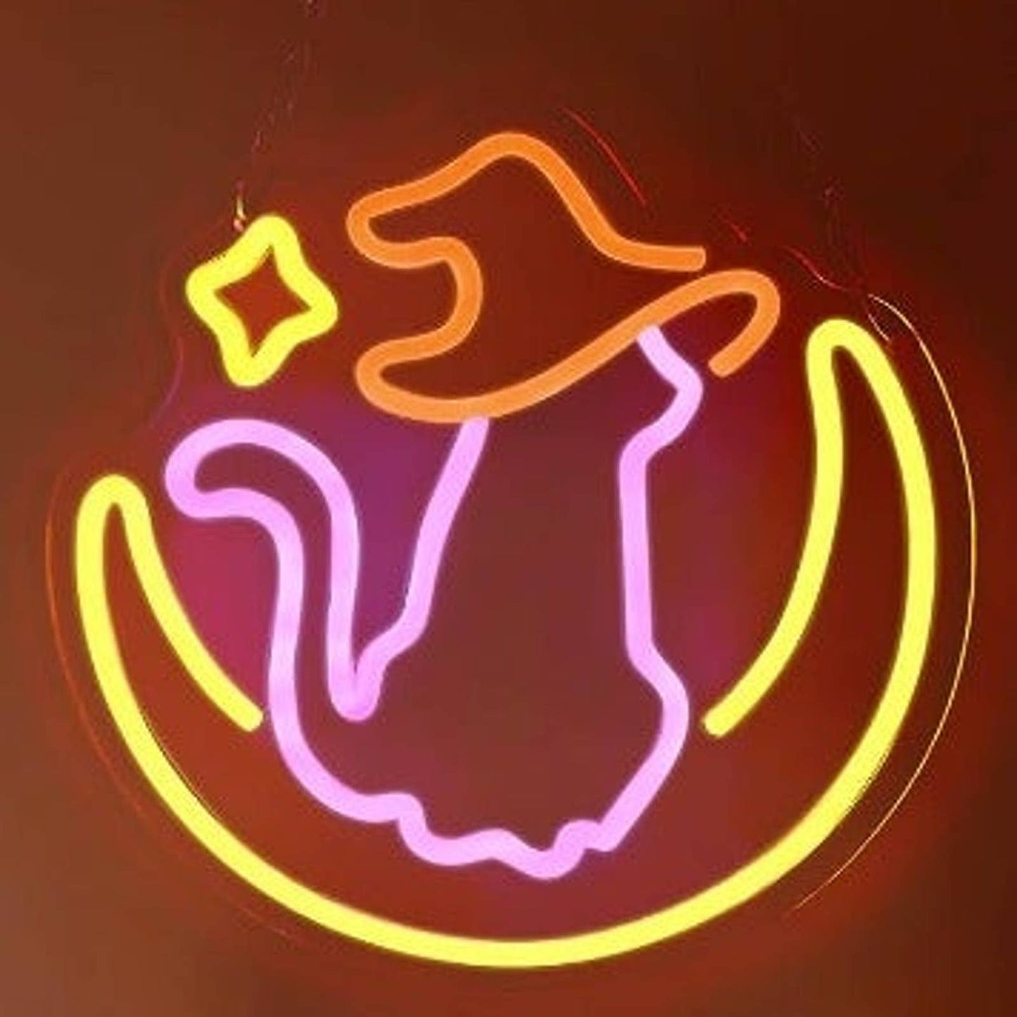 Adorable Pink Witch Kitty Cat Sitting on the Moon LED Night Light Halloween Deco