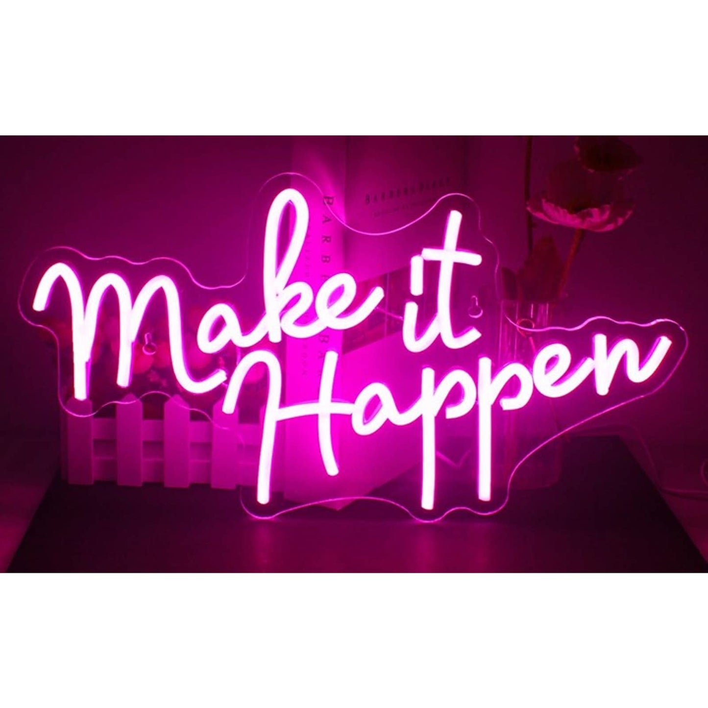 Vivid Bright Pink “Make It Happen” LED Night Light Room Wall Decor