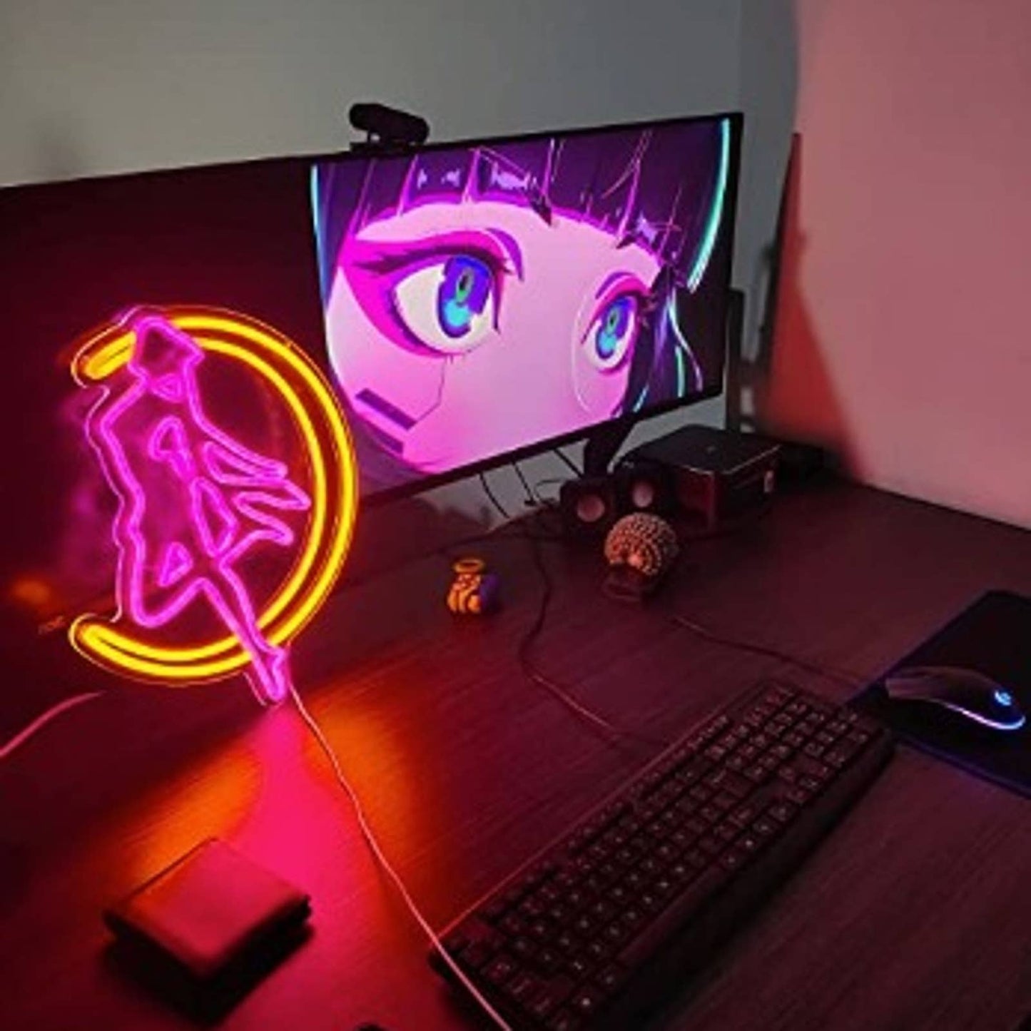 Vivid Bright Pink / Yellow Sailor Moon Crescent LED Night Light Anime Japan Deco