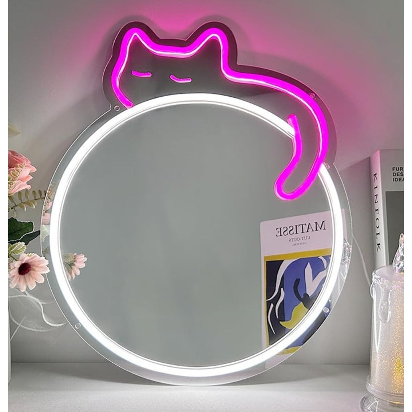 Lovely Bright Pink Kitty Cat Circle Mirror LED Night Light Room Wall Decor