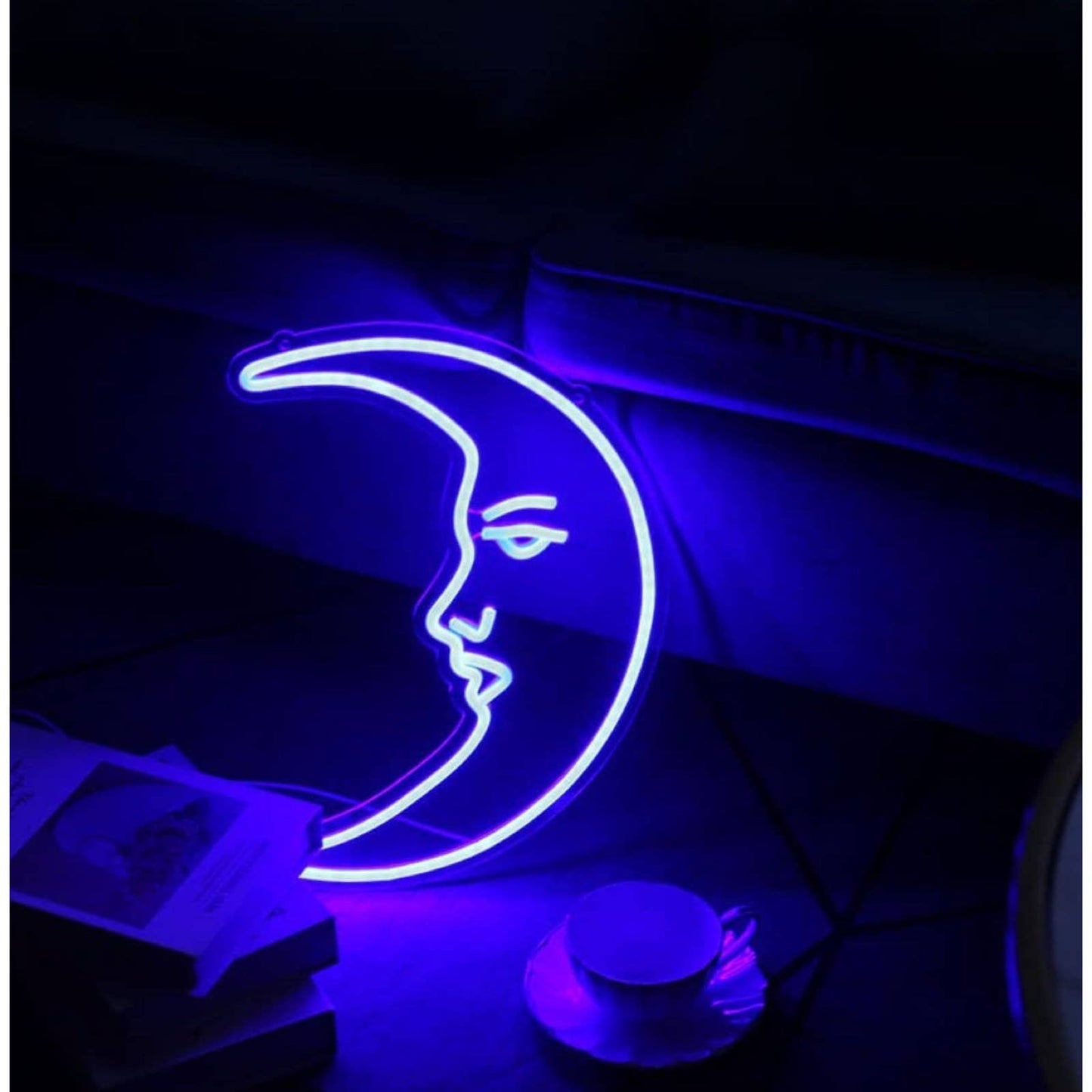 Lovely Bright Purple Moon with a Face LED Night Light Room Wall Decor