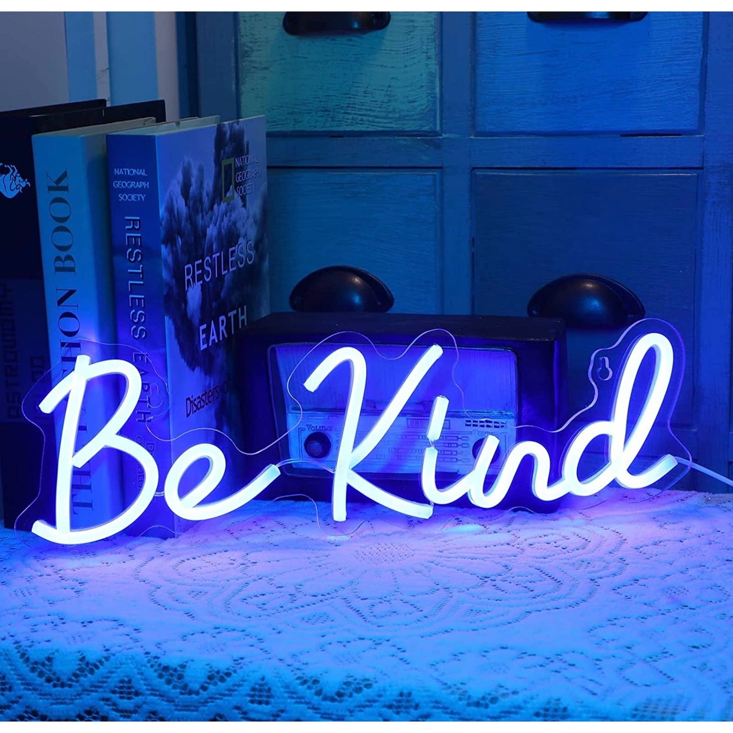 Lovely Bright Blue Be Kind LED Night Light Room Wall Decoration
