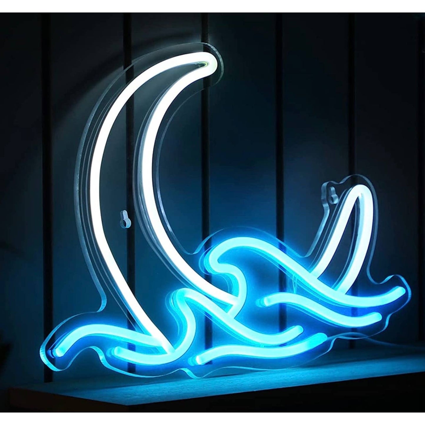 Lovely Bright White Crescent Moon One the Wavy Sea LED Night Light Room Wall Art