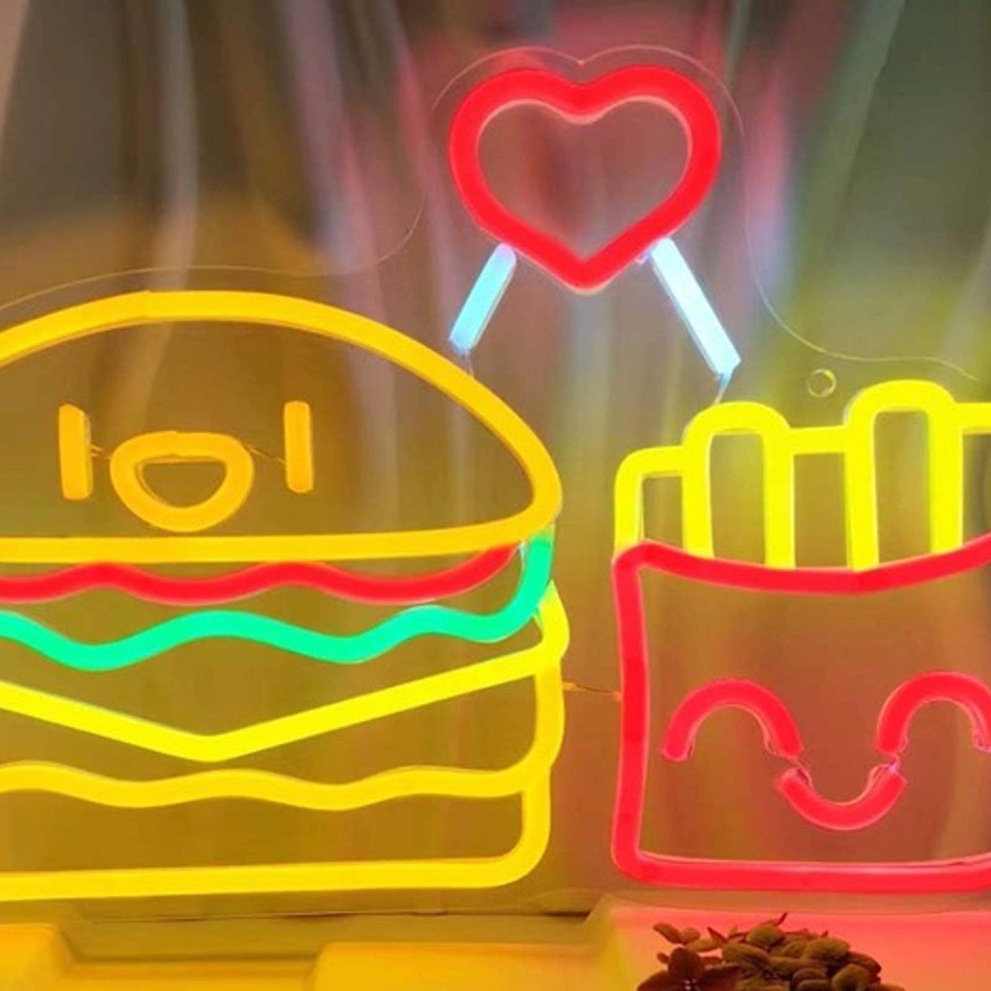 Fun Happy Tasty Bright Burger & Fries Love Heart LED Night Light Room Wall Decor