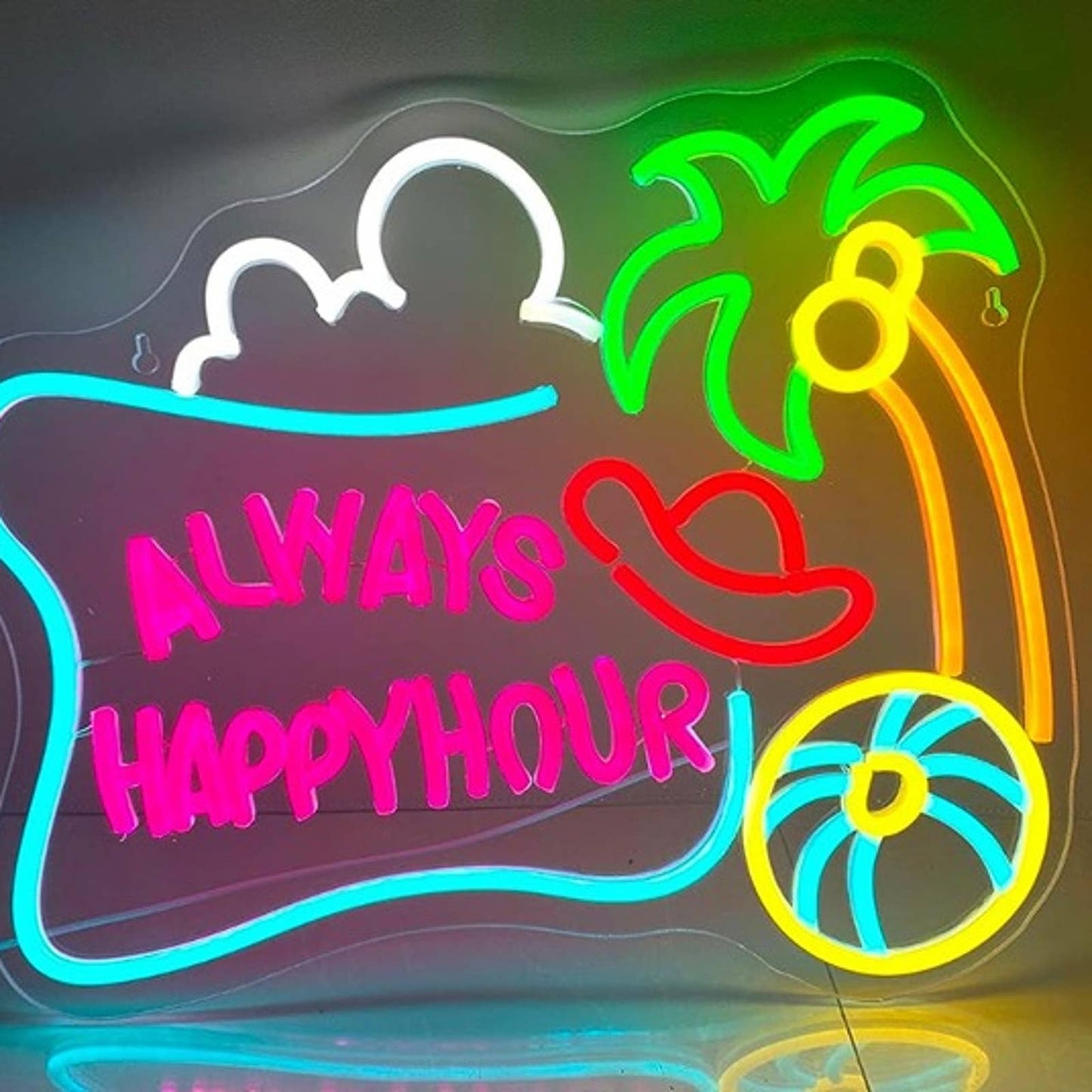 Fun Colorful “Always Happy Hour” Hat Beach Ball Coconut Tree LED Light Sign
