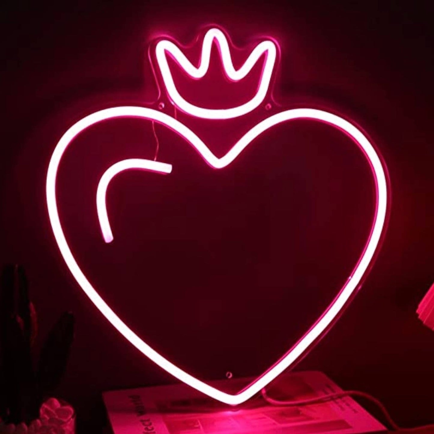 Adorable Bright Pink Heart Princess Crown LED Night Light Room Wall Decoration
