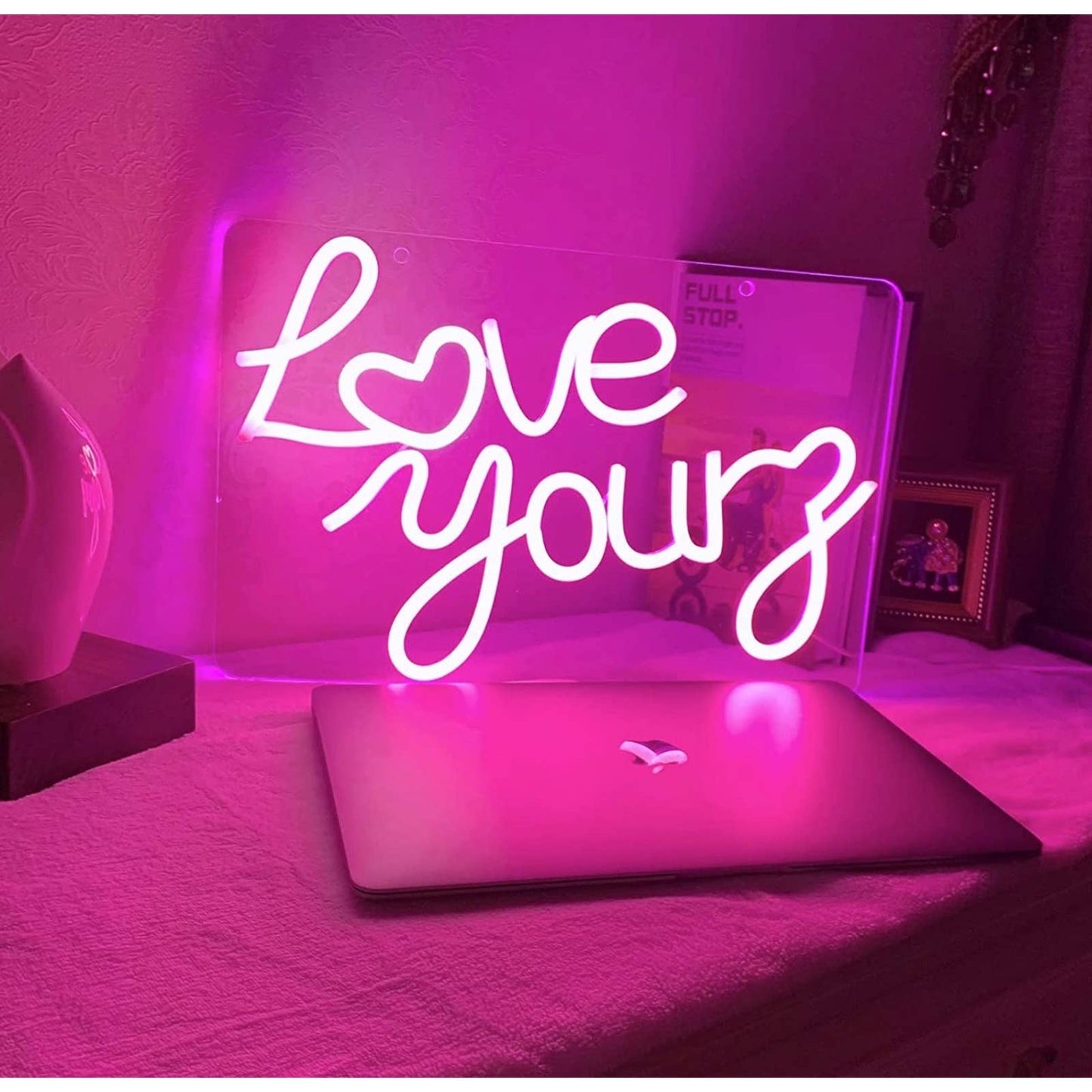 Lovely Bright Warm Pink “Love Yourz” White Heart LED Night Light Room Wall Decor