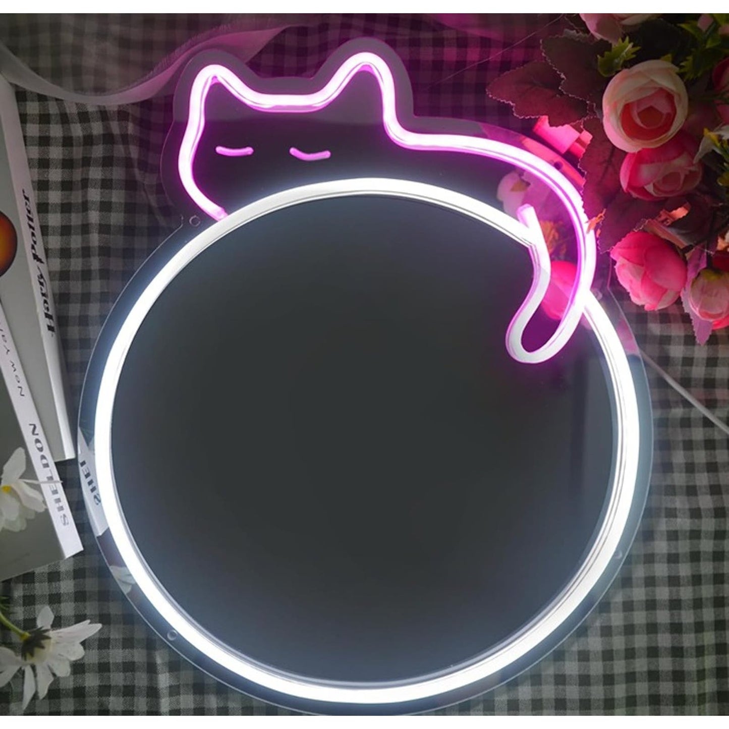 Lovely Bright Pink Kitty Cat Circle Mirror LED Night Light Room Wall Decor