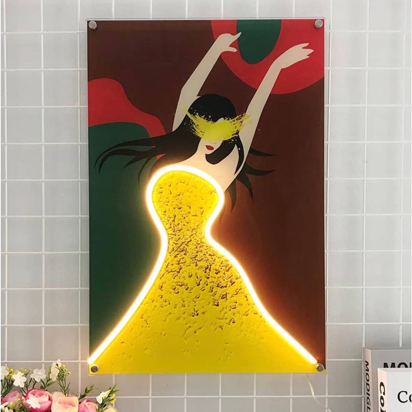 Lovely Bright Beautiful Woman in Yellow Dress LED Light Room Wall Art Decoration