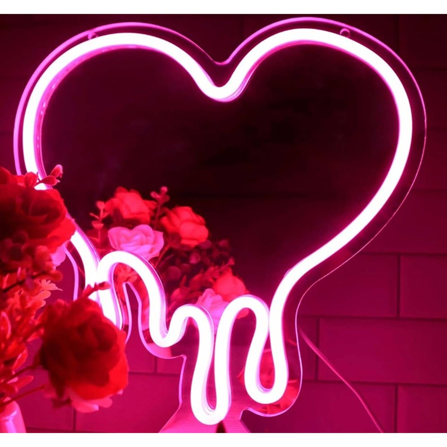 Lovely Bright Pink Melting Heart Mirror LED Night Light Room Wall Decor