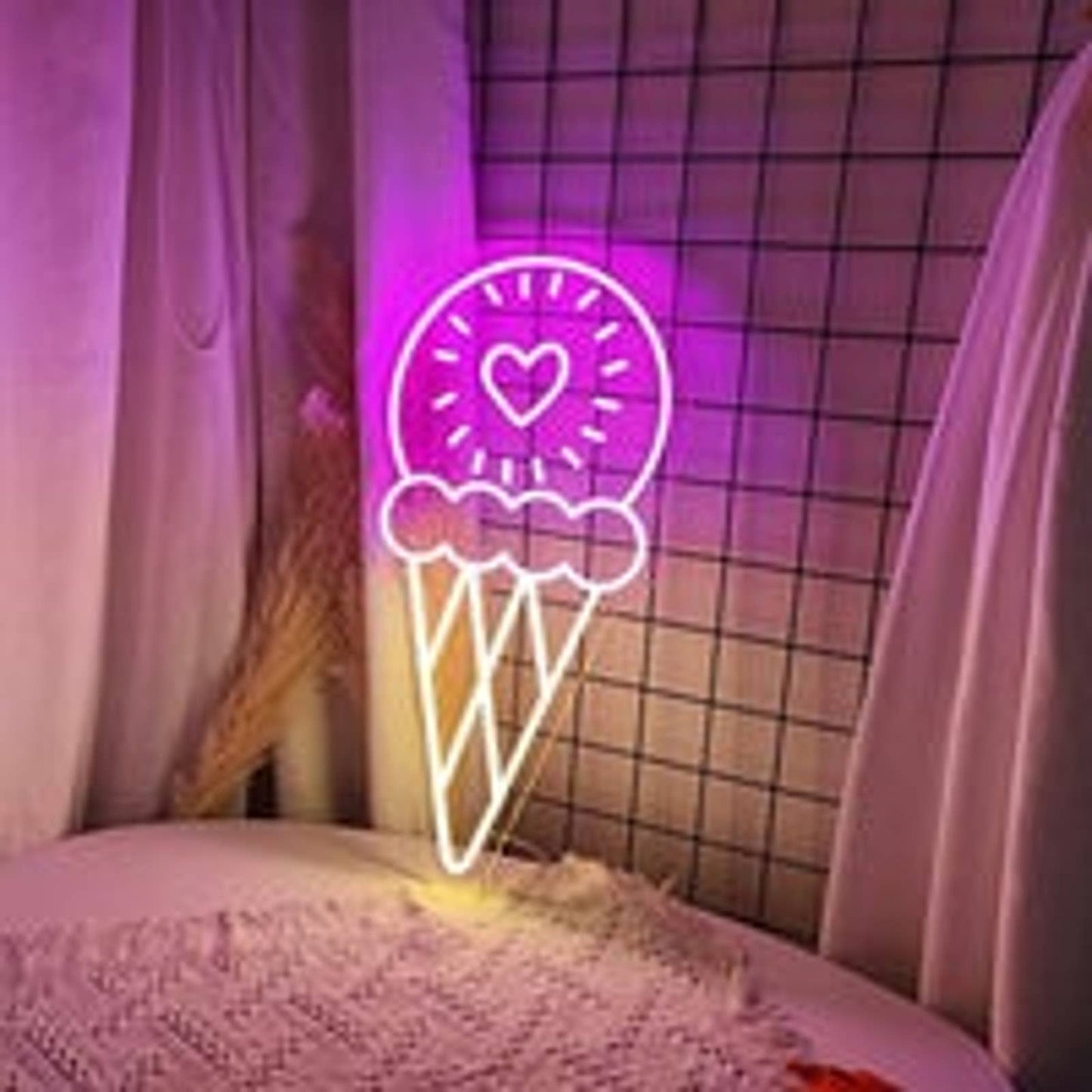 Adorable Bright Pink Ice Cream Cone Heart LED Night Light Room Wall Decoration