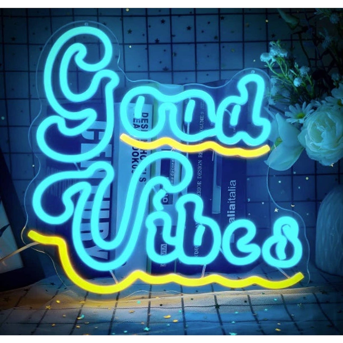 Fun Bright Blue / Yellow Good Vibes LED Night Light Room Wall Decoration