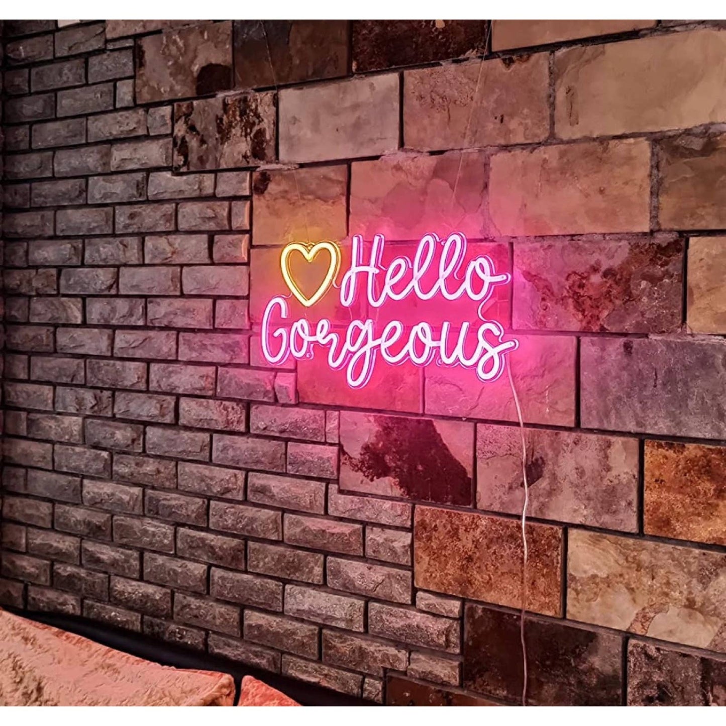Lovely Bright Pink “Hello Gorgeous” Yellow Heart LED Night Light Room Wall Decor