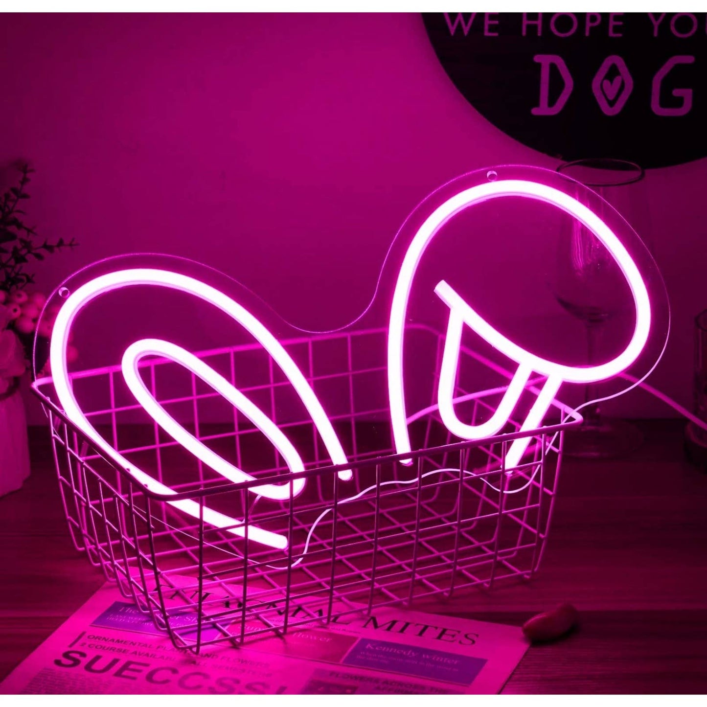 Lovely Bright Pink Bunny Ears LED Night Light Room Wall Decoration