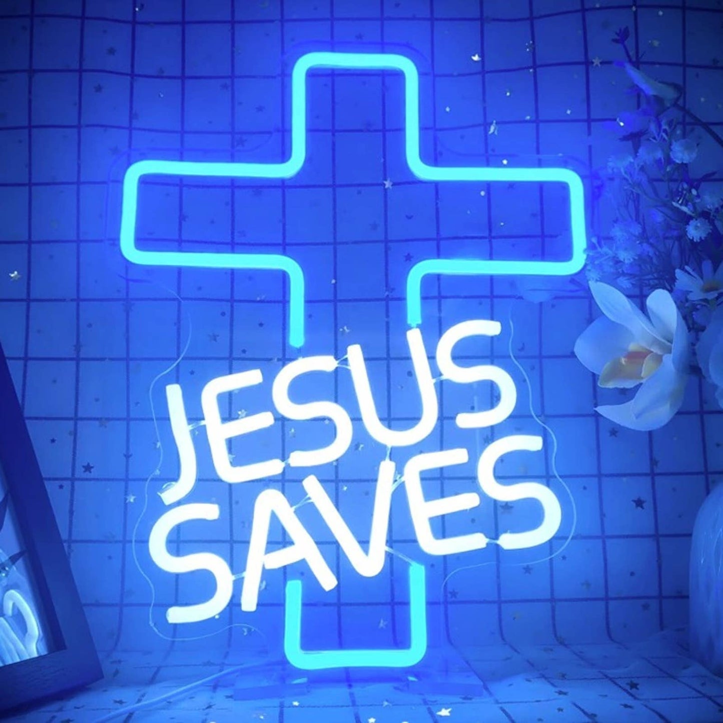 Vivid Bright Blue / White Jesus Saves Cross LED Night Light Christian Decoration