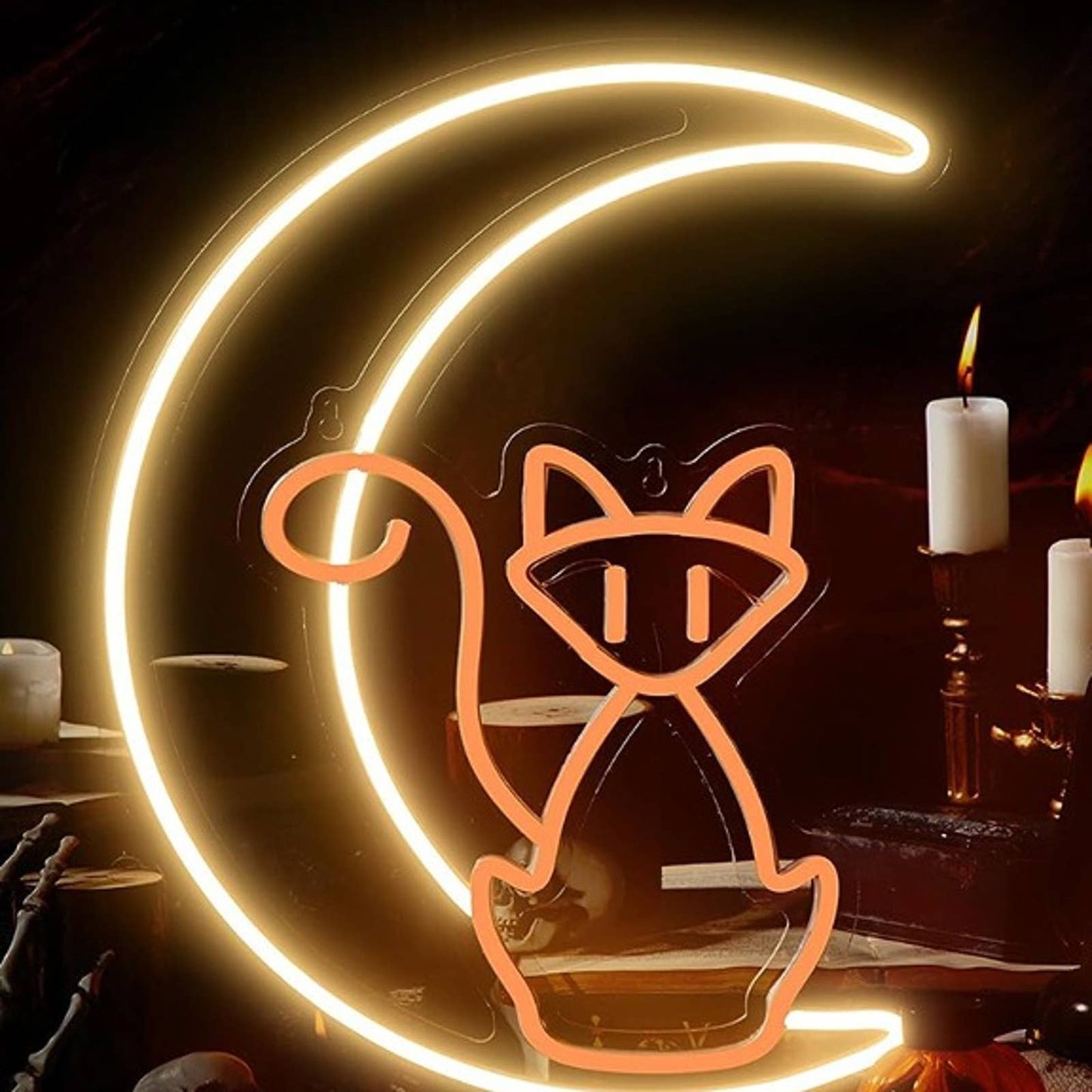 Cute Orange Kitty Cat Sitting on a Crescent Moon LED Night Light Room Wall Decor
