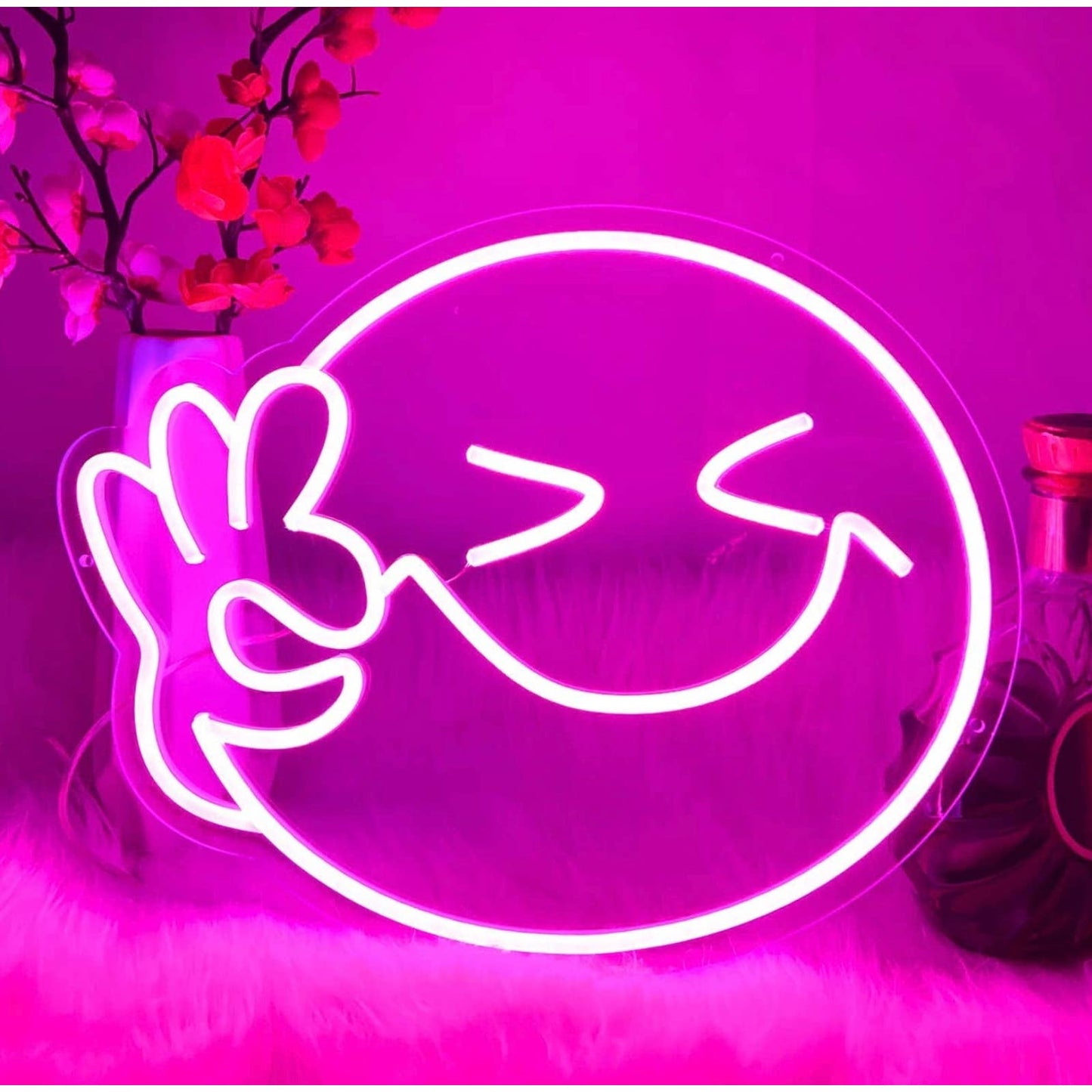 Funny Bright Pink OK Happy Smiley Face LED Night Light Room Wall Decoration