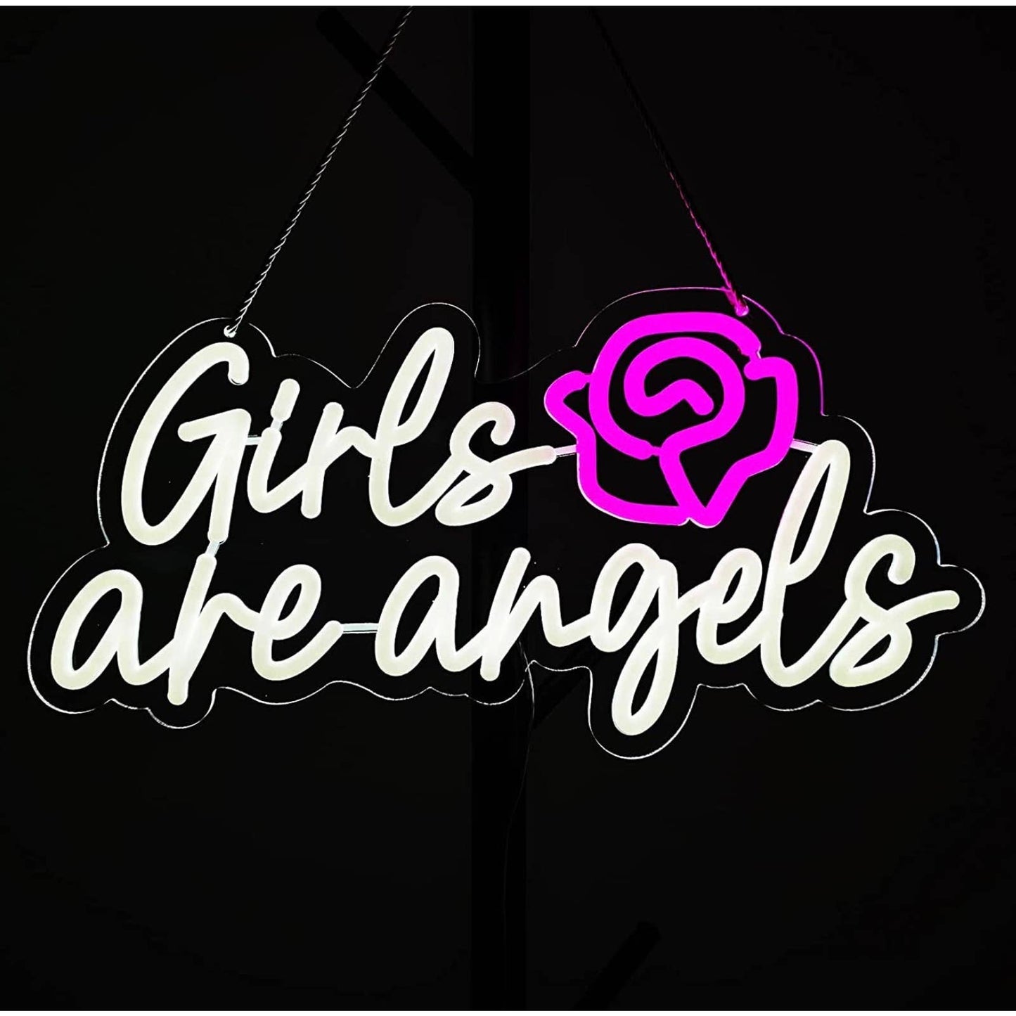 Lovely Bright Pink Rose “Girls Are Angels” LED Night Light Room Wall Decoration