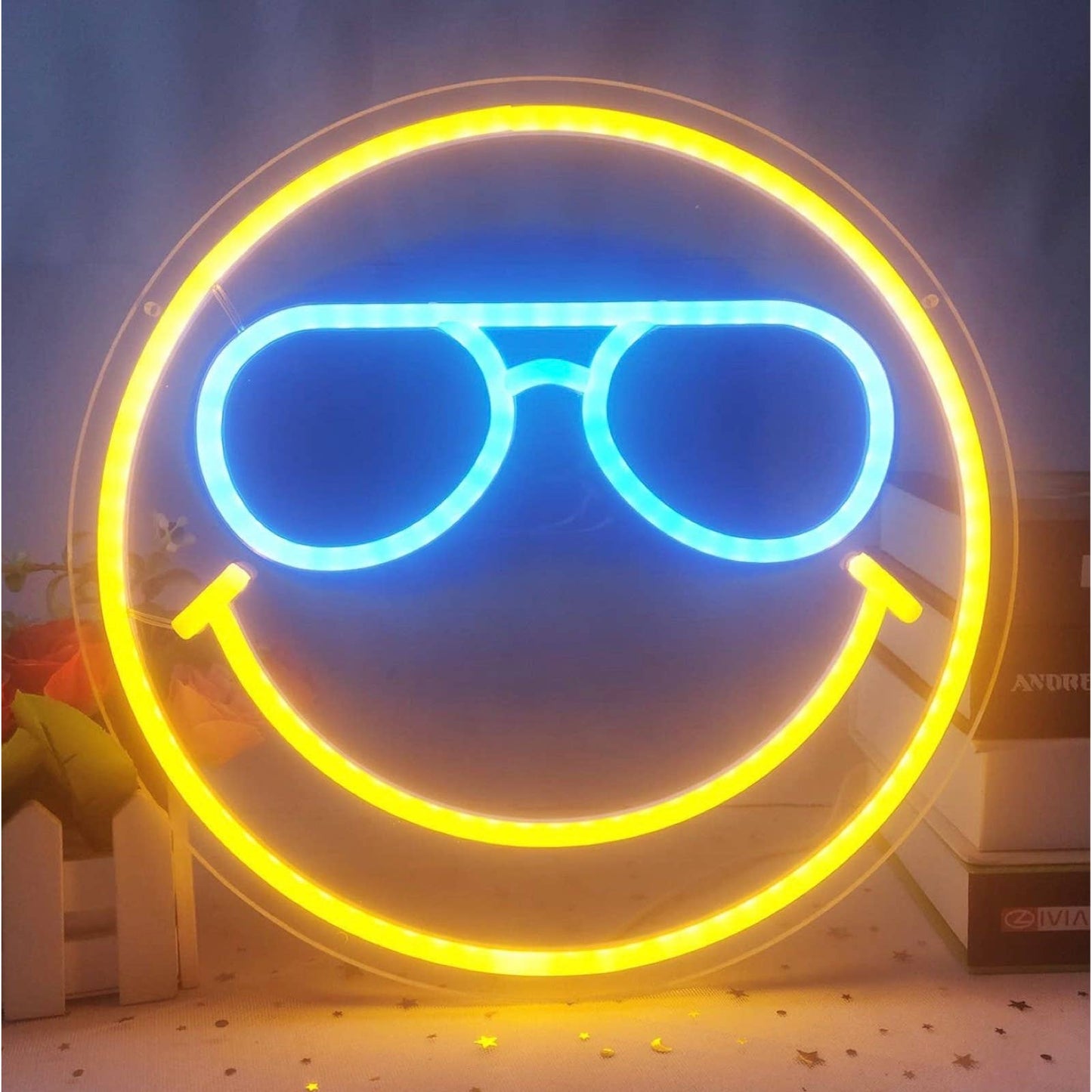 Fun Bright Yellow Smiley Face w Blue Sunglasses LED Night Light Room Wall Decor