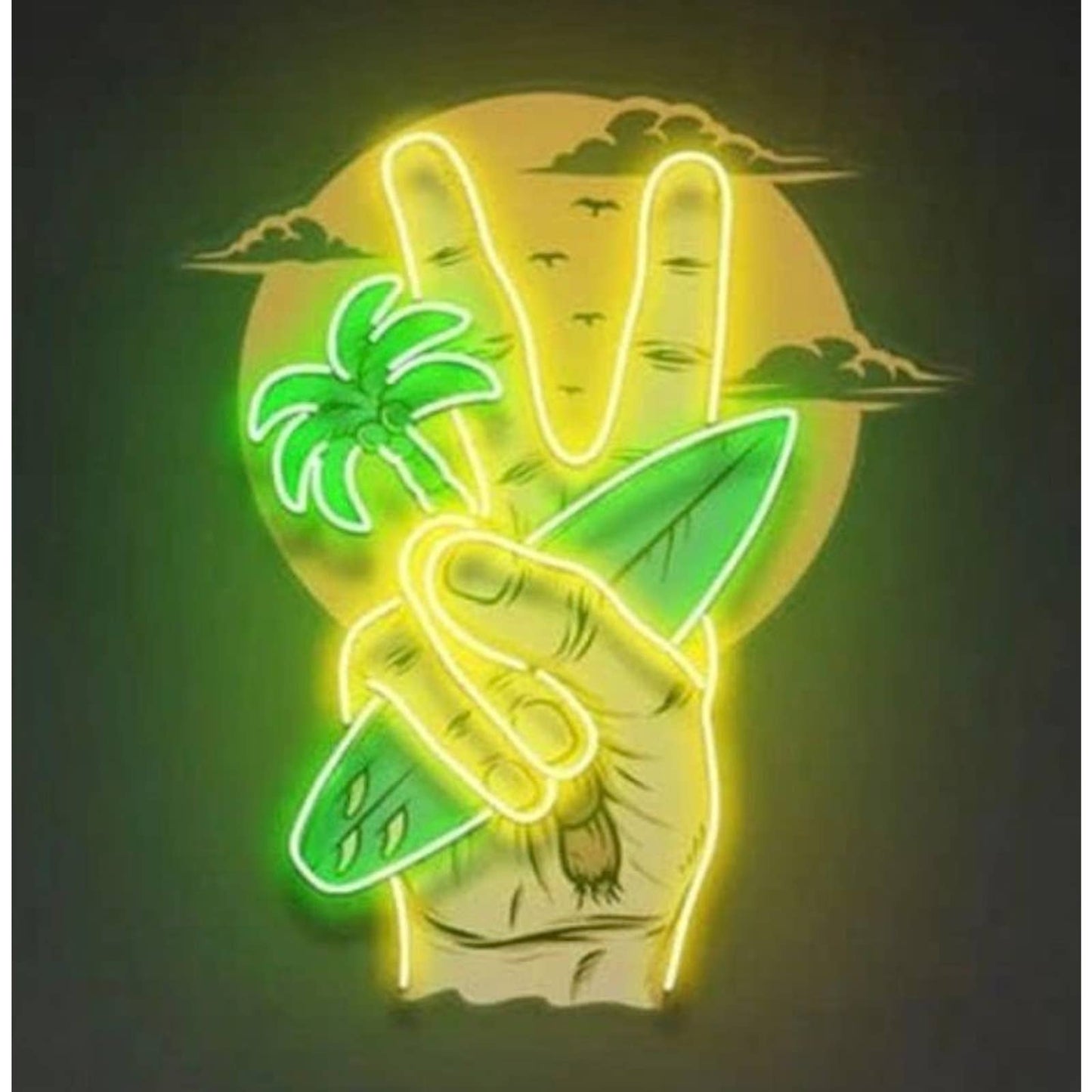 Fun Bright Peace Surf Board Palm Tree Sun Set LED Night Light Room Wall Decor