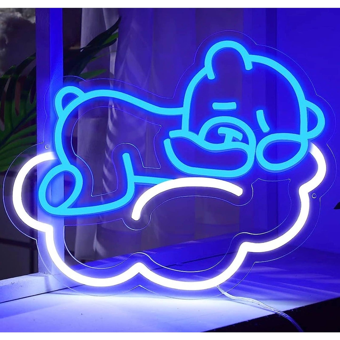 Lovely Bright Blue Sleeping Teddy Bear on a Cloud LED Night Light Room Wall Deco
