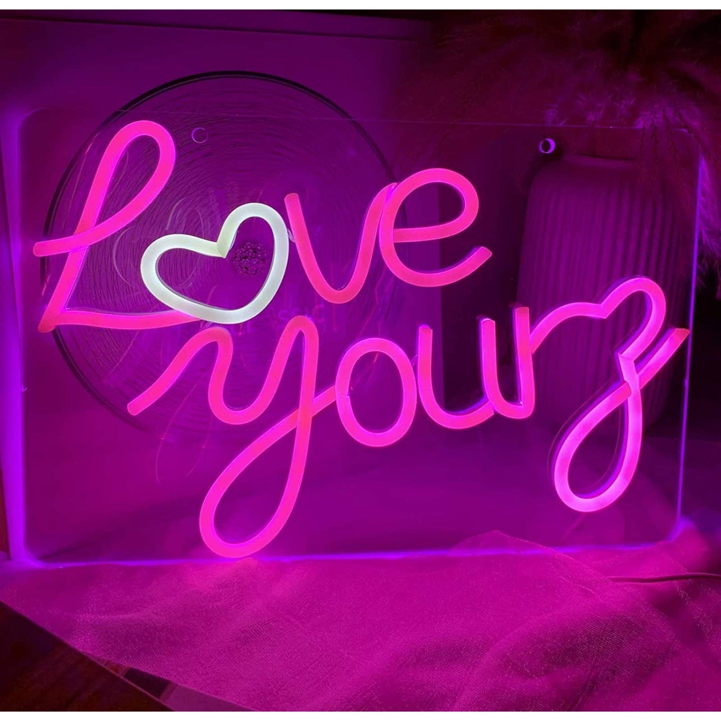 Lovely Bright Warm Pink “Love Yourz” White Heart LED Night Light Room Wall Decor