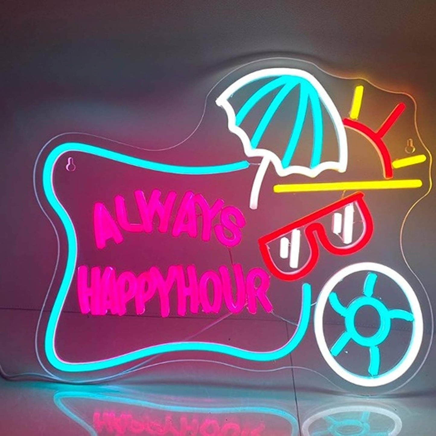 Fun Bright “Always Happy Hour” Sun Shades Beach Umbrella Sunset LED Light