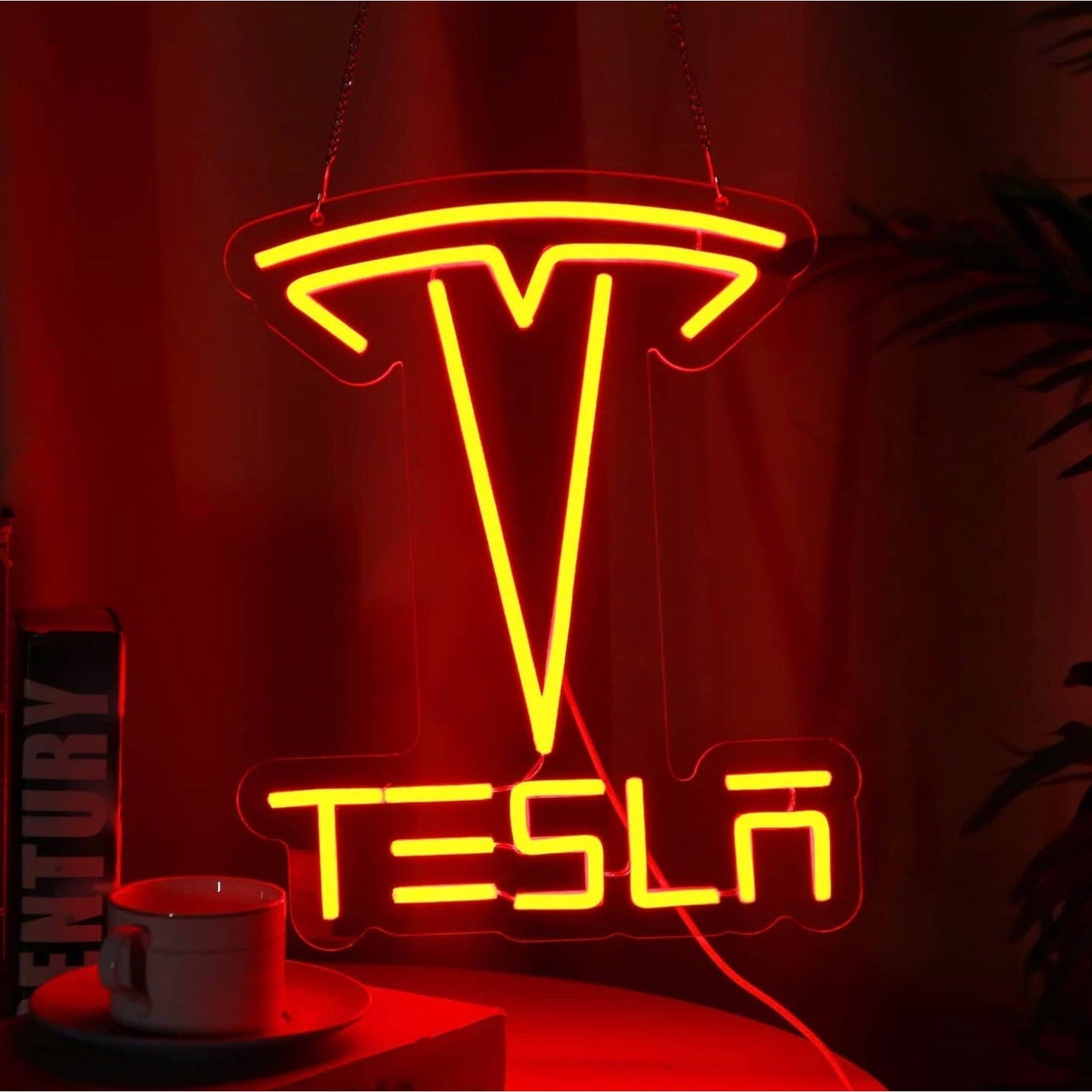 Bright Red Tesla Logo Electric Car SUV LED Night Light Room Wall Garage Decor