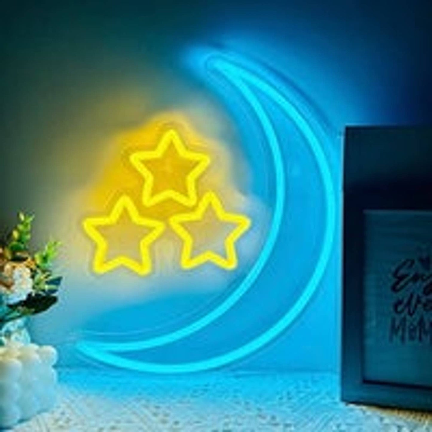 Lovely Bright Blue Moon 3 Stars LED Night Light Room Wall Decoration