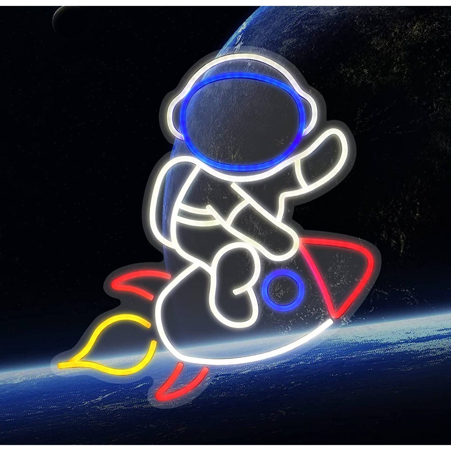 Fun Bright Astronaut Riding a Spaceship Rocket LED Night Light Room Wall Decorat