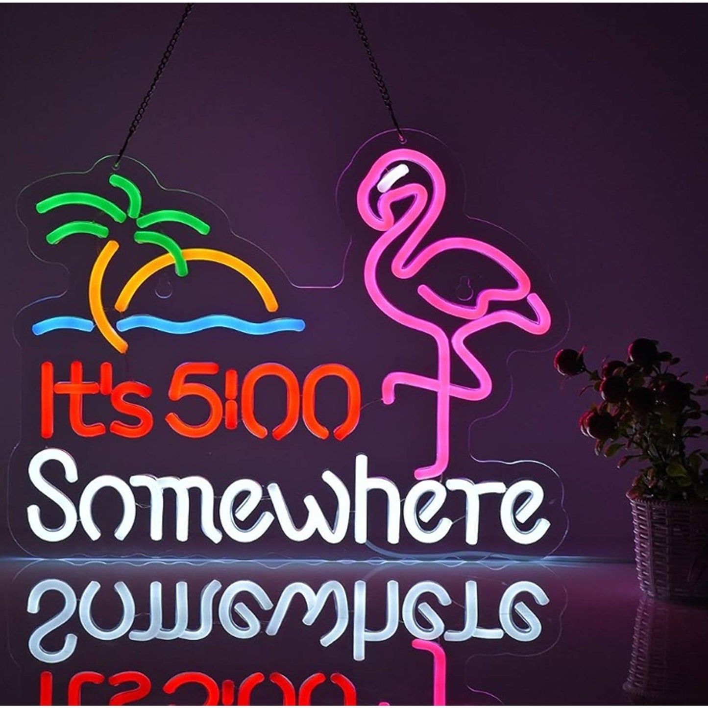 Vivid Colorful Tropical Palm Tree Flamingo Beach Sunset LED Light Bar Party Deco