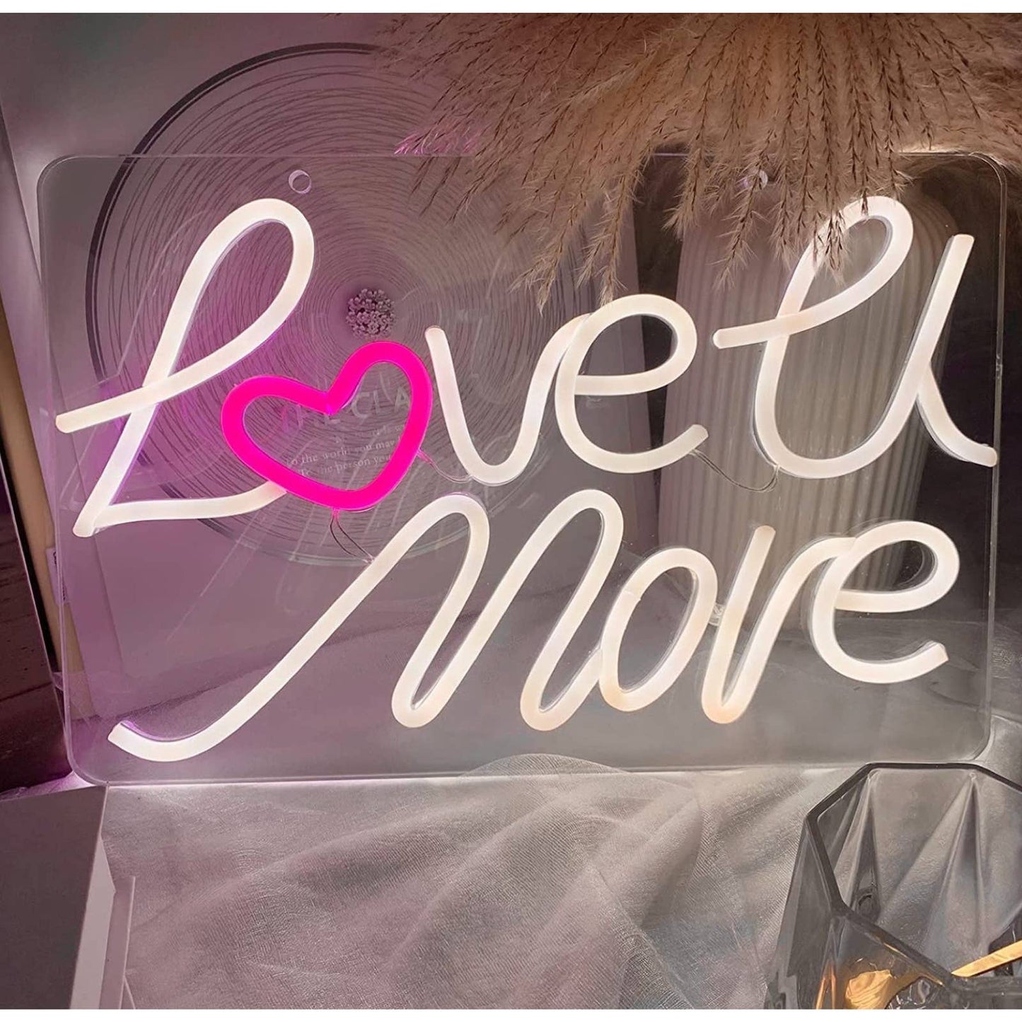 Lovely Bright Warm White “Love U More” Pink Heart LED Night Light Room Wall Deco