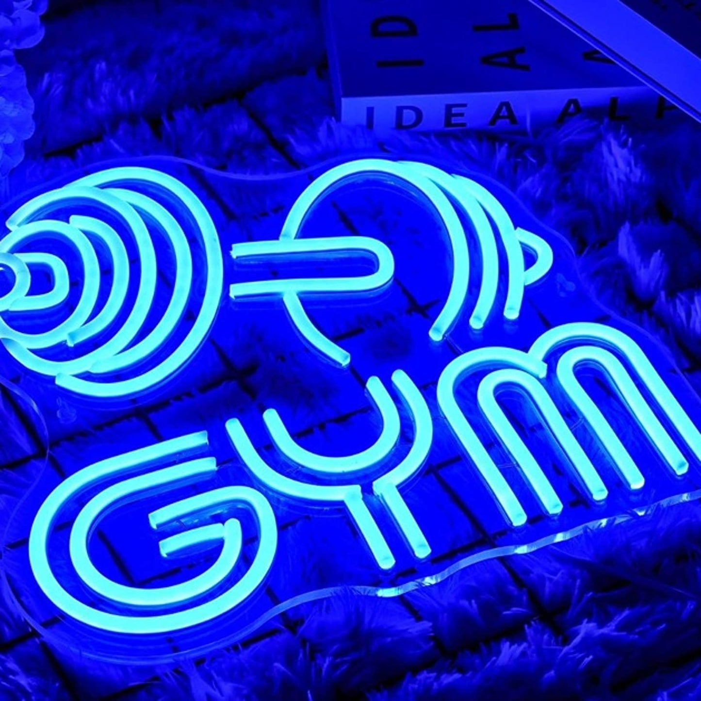 Vivid Bright Blue Gym Dumbbell Exercise Workout LED Light Wall Decor