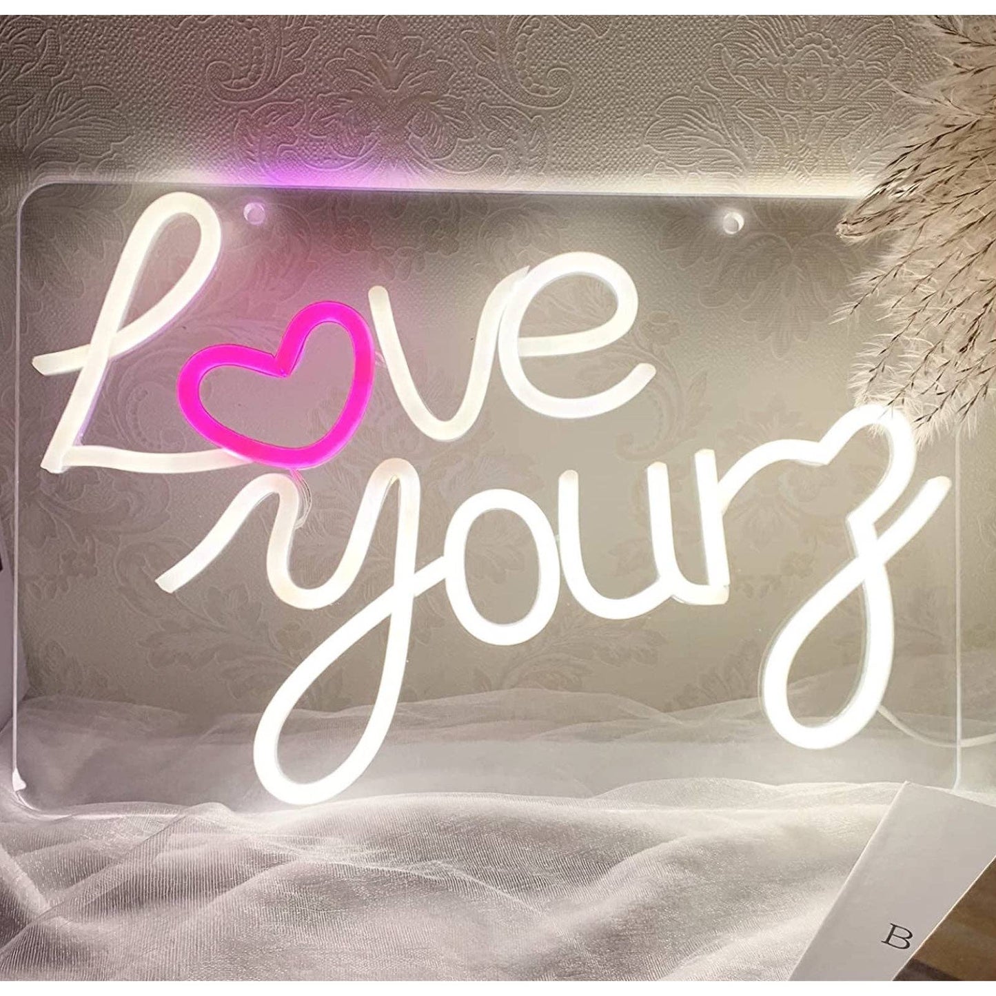 Lovely Bright Warm White “Love Yourz” Pink Heart LED Night Light Room Wall Decor